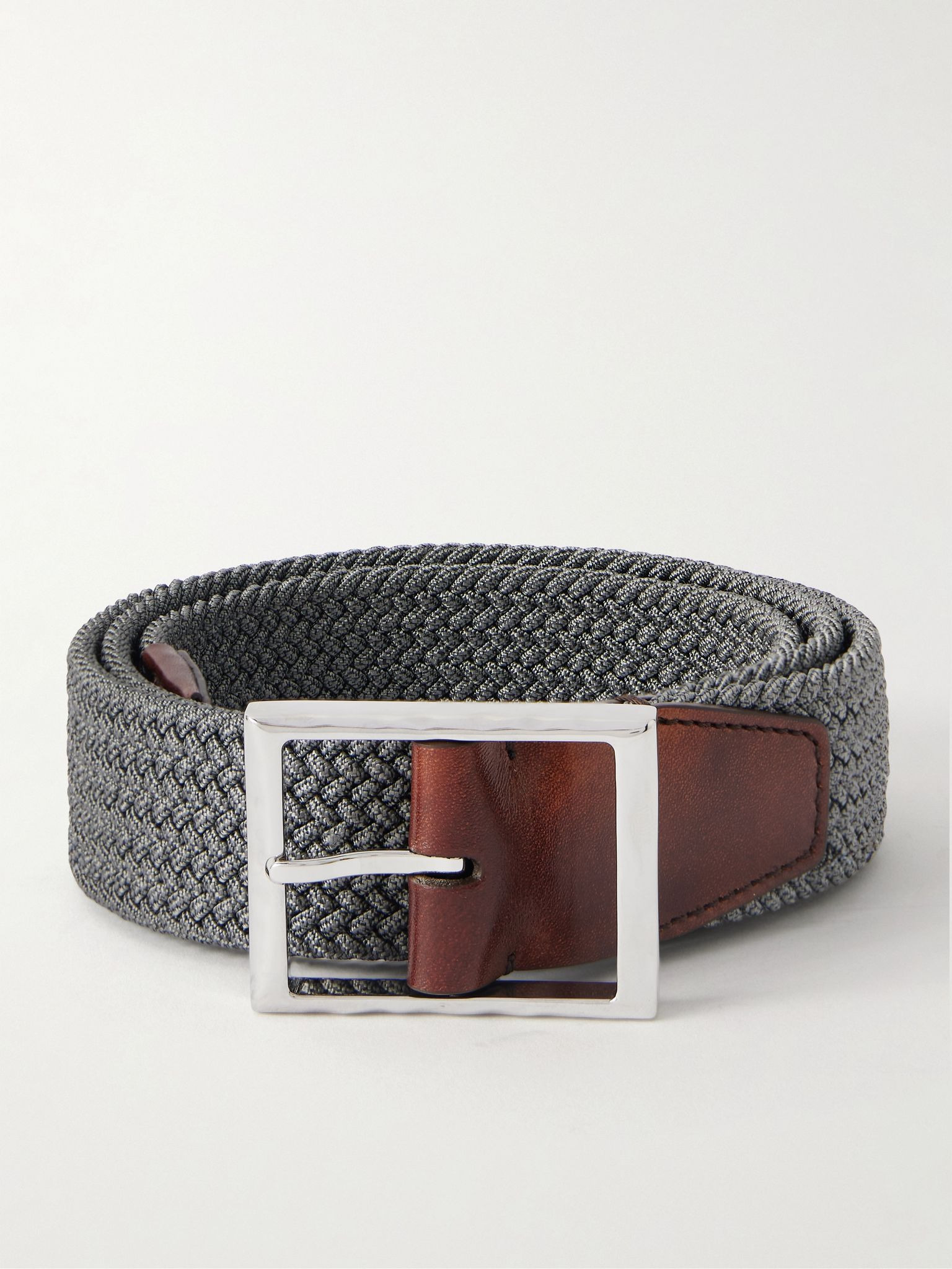 3.5cm Leather-Trimmed Woven Elastic Belt Gray - 1