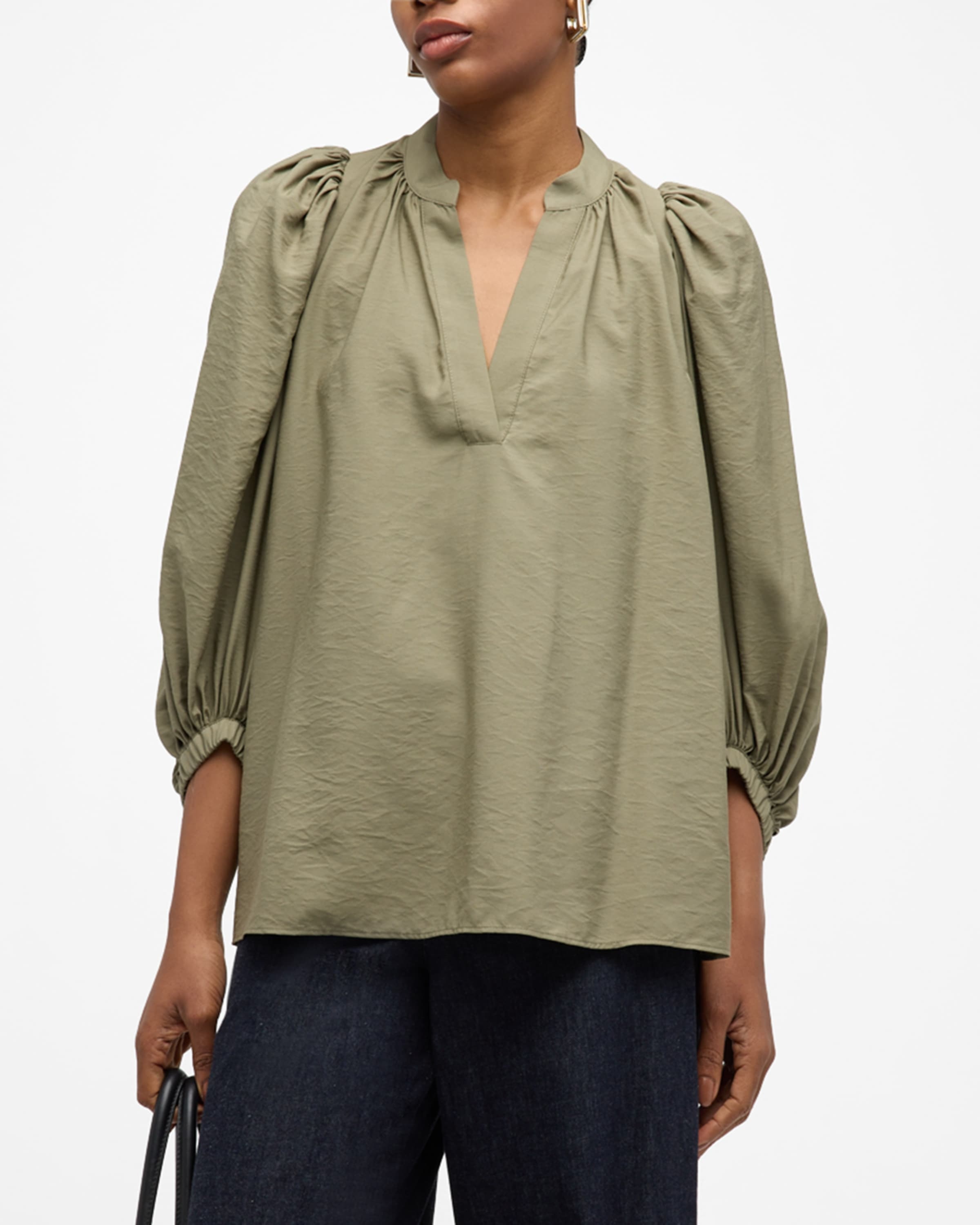 Bell Ruched Blouson-Sleeve Blouse - 2