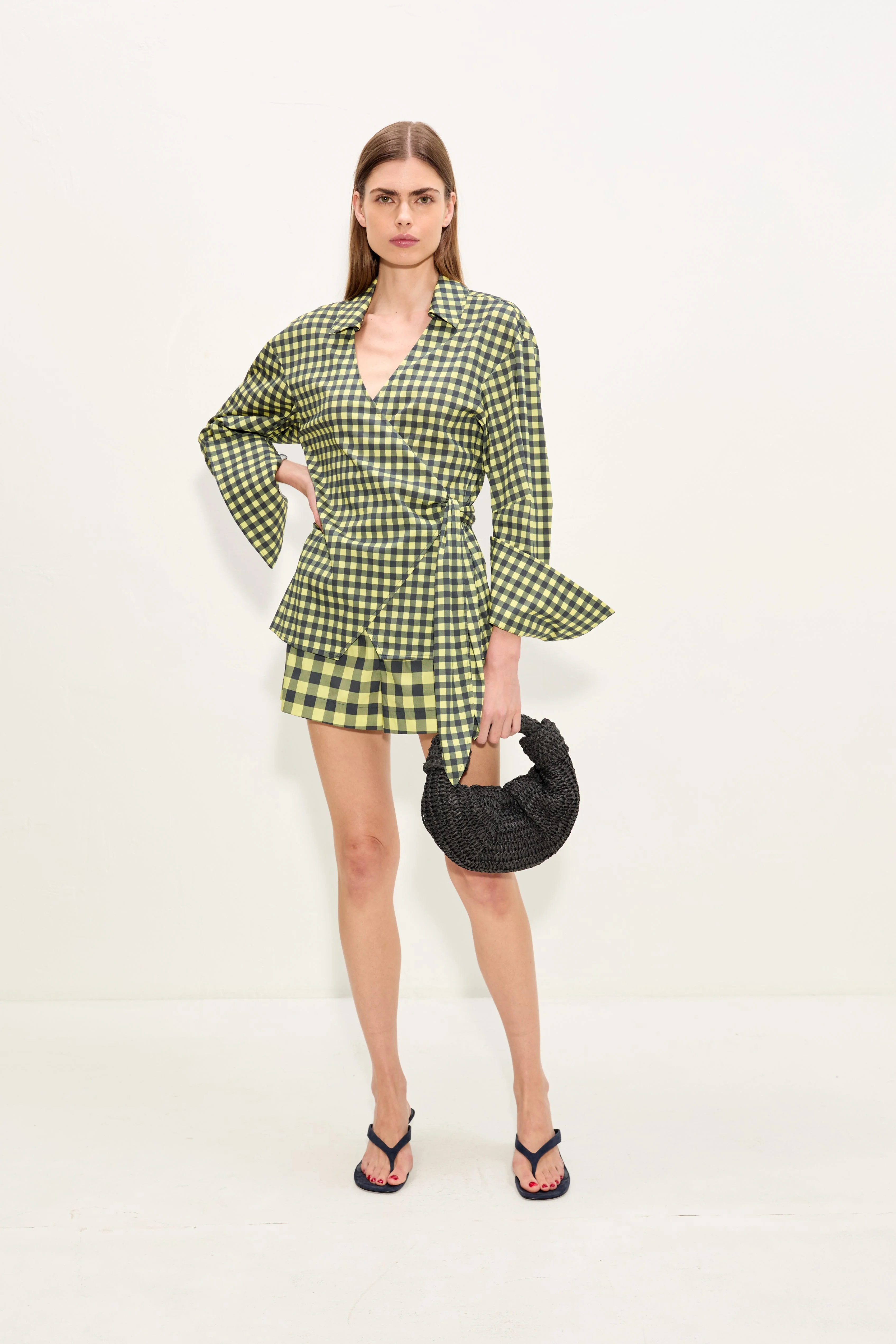 Anya Poplin Wrap Top In Peridot/Ebony Gingham - 1
