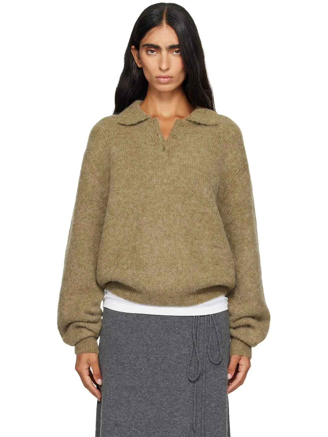 Khaki Textured Alpaca Collar Knit Polo - 1