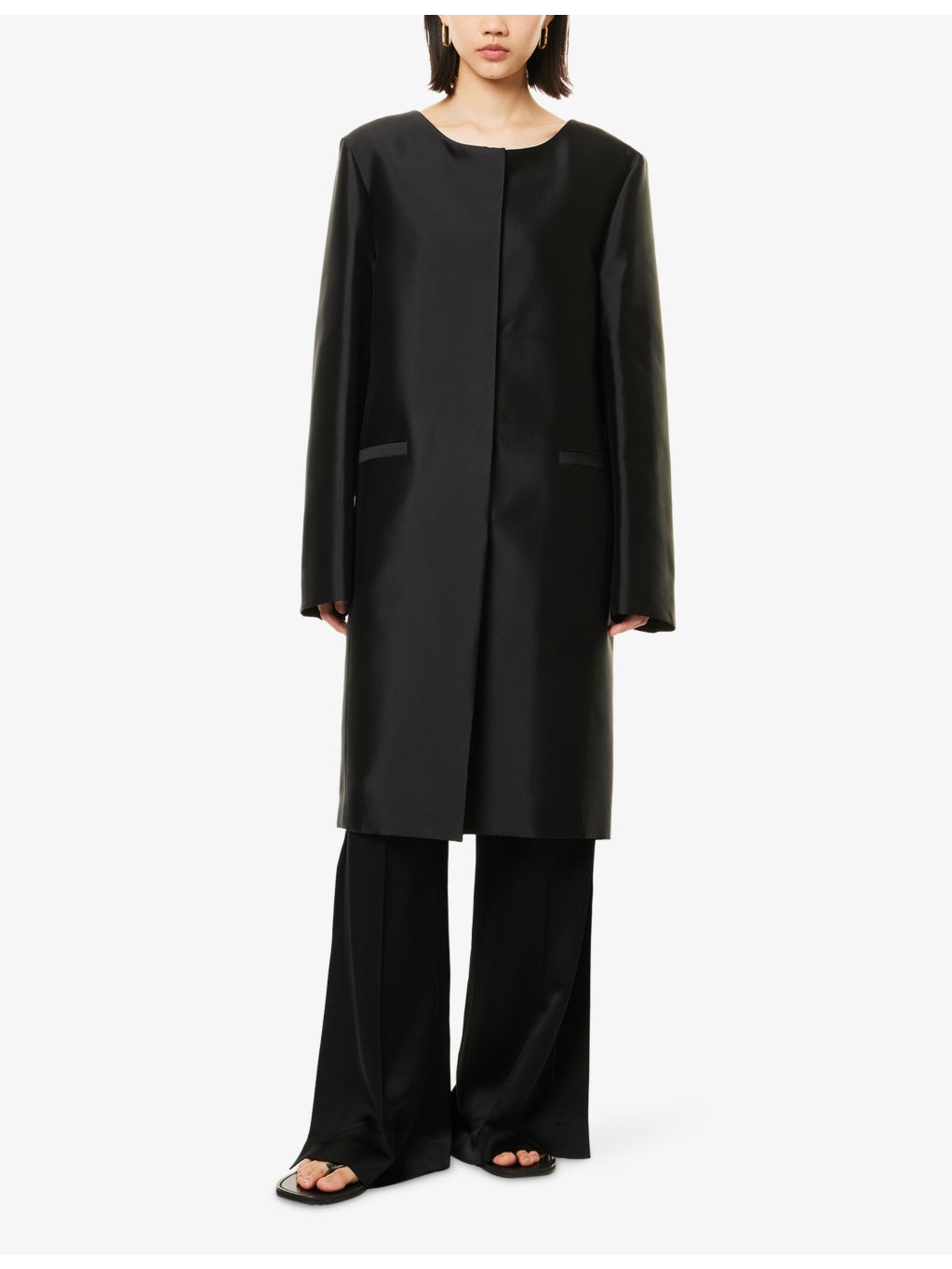 Collarless Tailored Long Silk Coat - 3