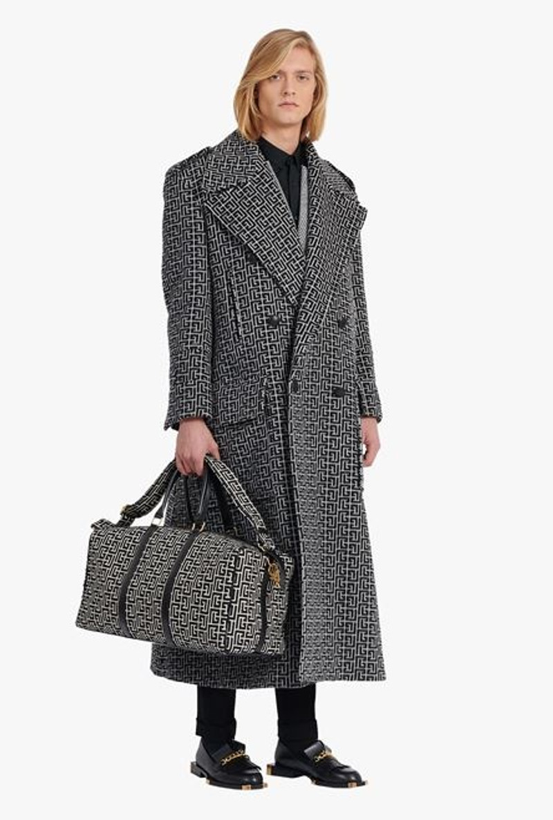 Balmain Long ivory and black Balmain monogram wool coat outlook