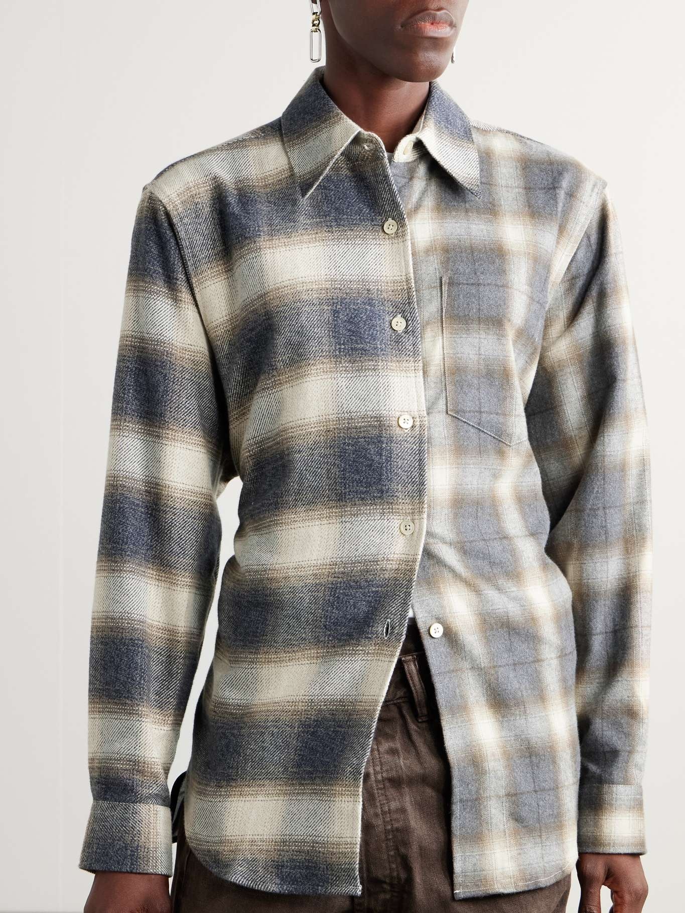 Apron open-back checked and striped cotton-flannel and twill shirt - 3