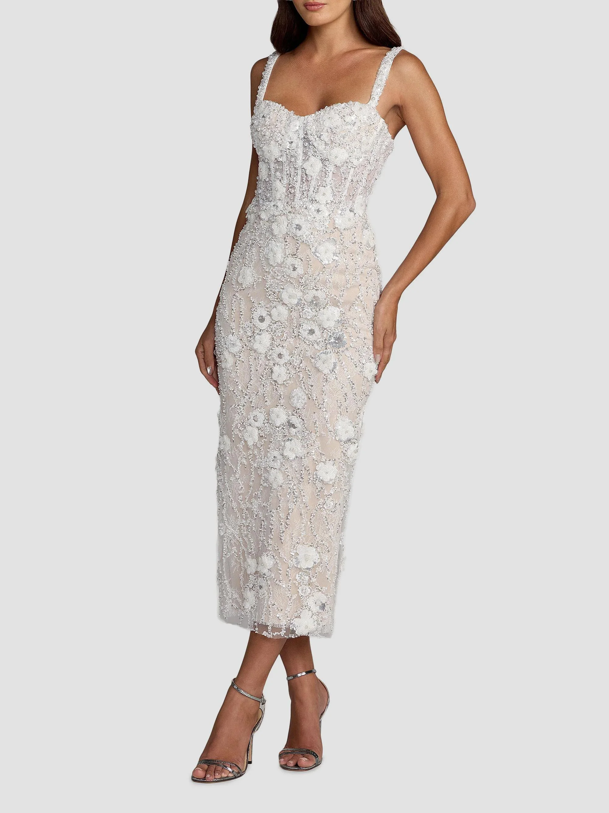 Women's Beaded Embroidery Fitted Midi-Dress - Ivory Beige - 1