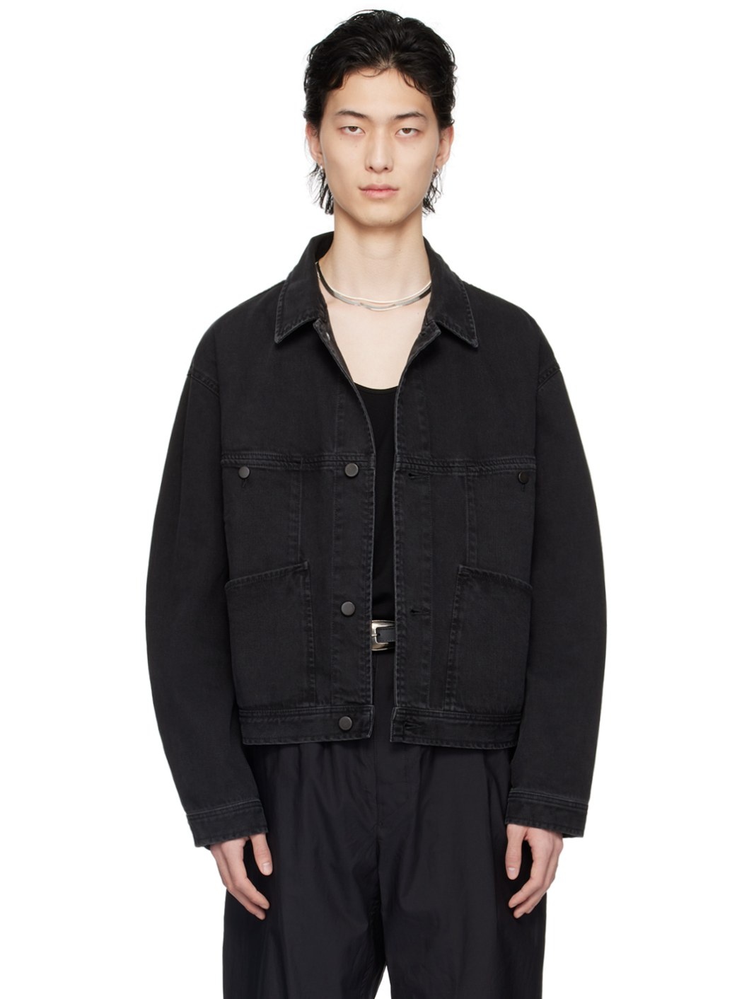 Black Four Pockets Denim Jacket - 1