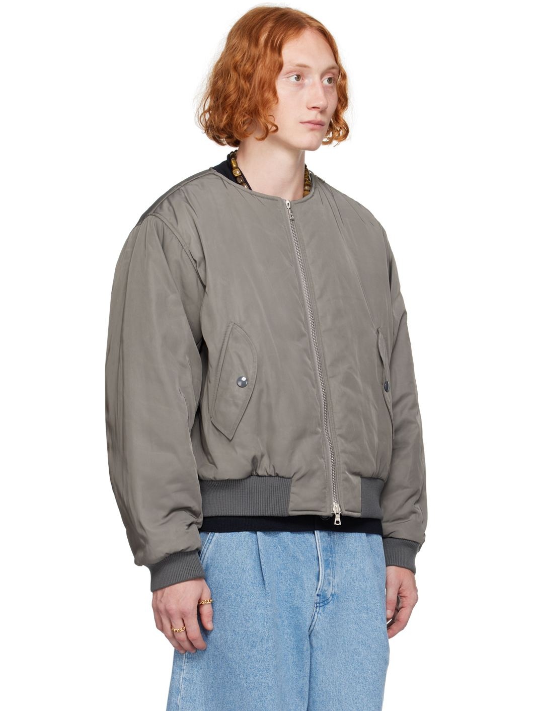 Gray Collarless Bomber Jacket - 2