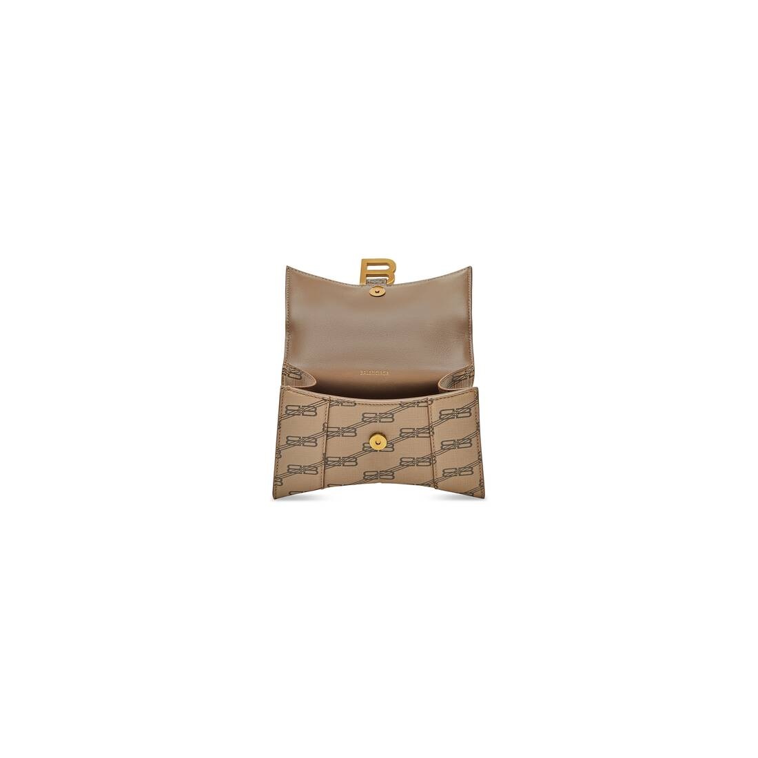 BALENCIAGA: Hourglass XS bag in coated cotton with all over monogram -  Beige