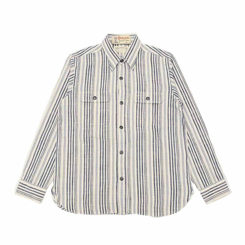 SUGAR CANE FICTION ROMANCE - 5.5oz. INDIGO STRIPE WORK SHIRT - SC29592 outlook
