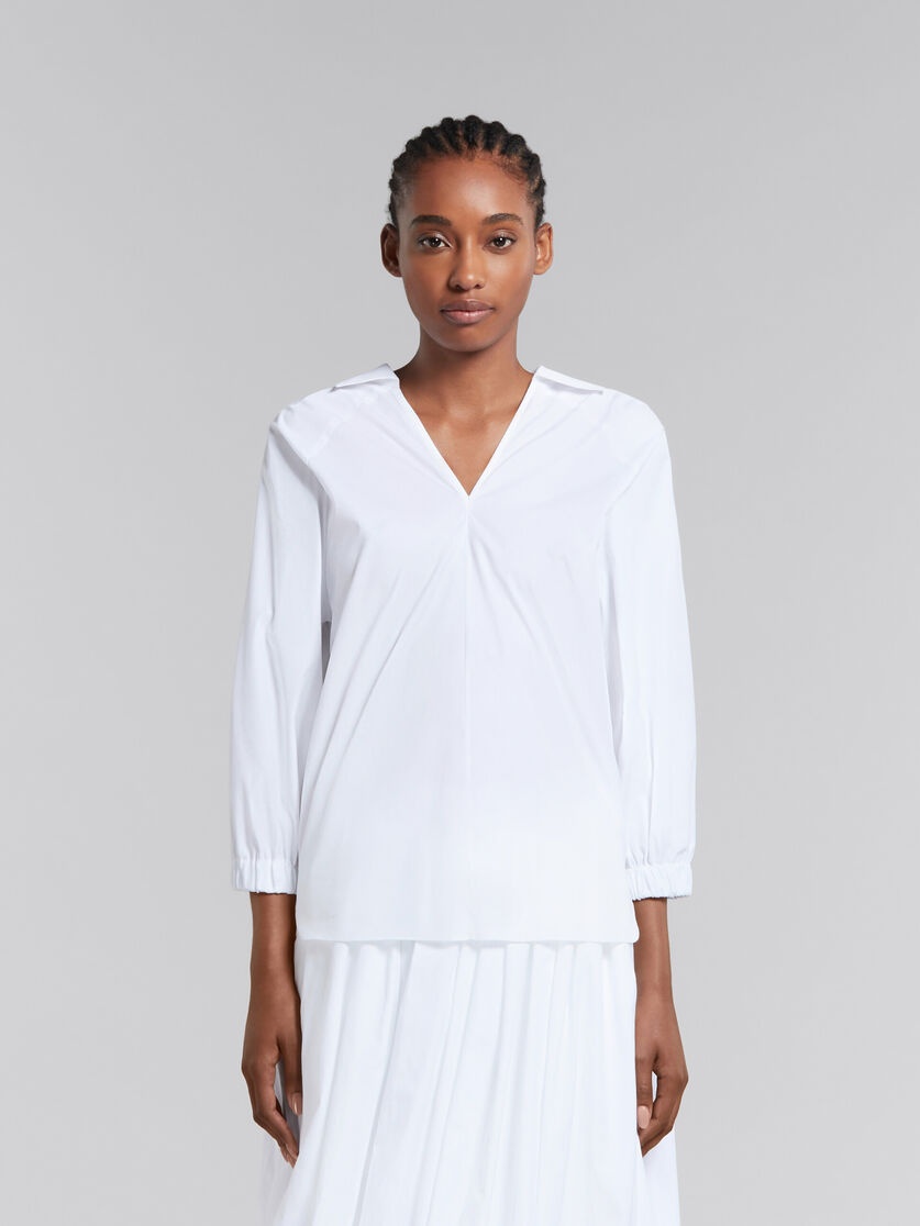 WHITE ORGANIC POPLIN TOP WITH SHIRT COLLAR - 2