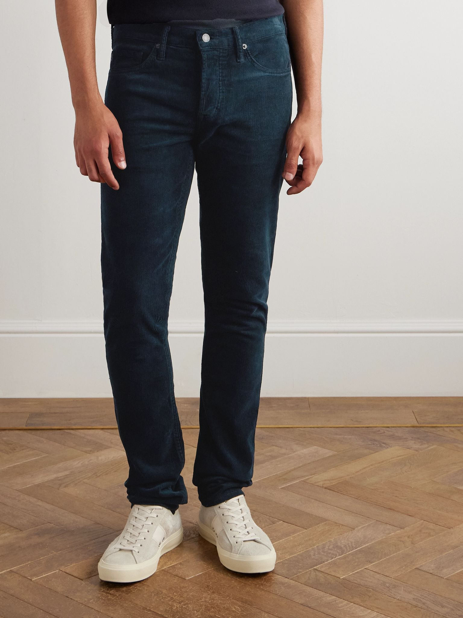 Slim-Fit Cotton-Blend Corduroy Trousers Navy - 3