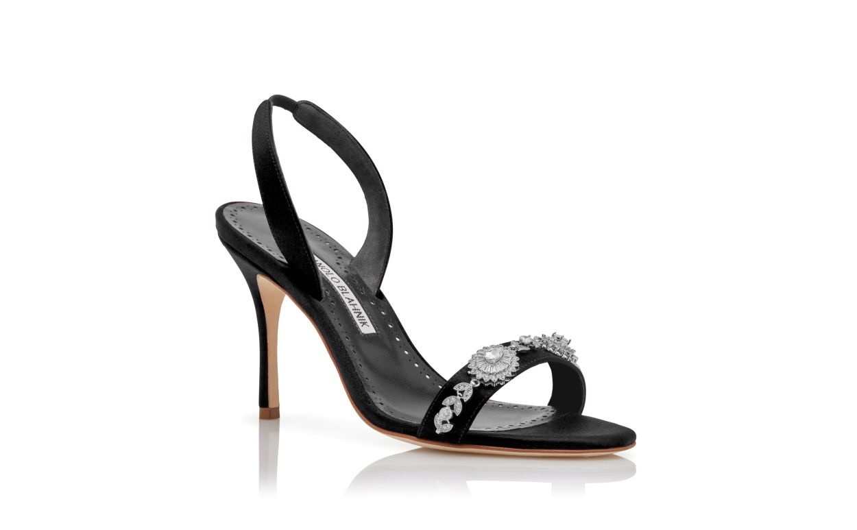 Black Satin Embellished Slingback Sandals - 3