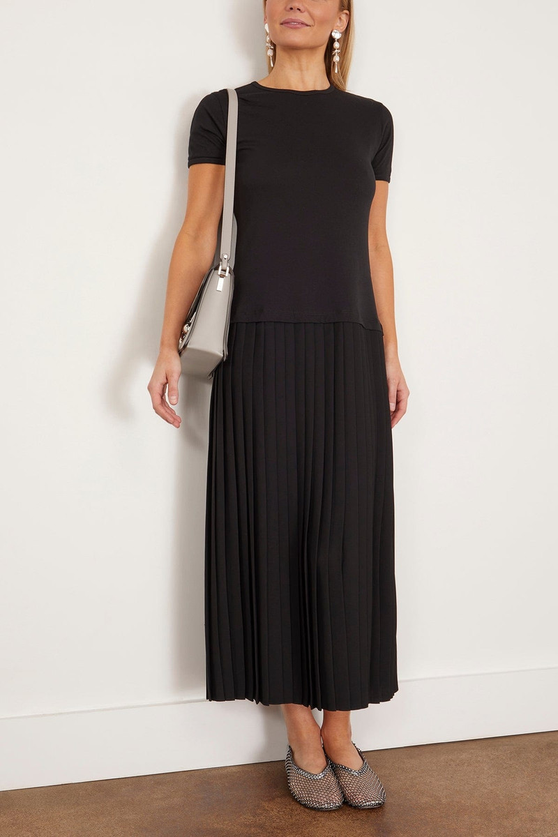 MM6 Maison Margiela Short Sleeve Midi Dress with Pleated Skirt in Black outlook
