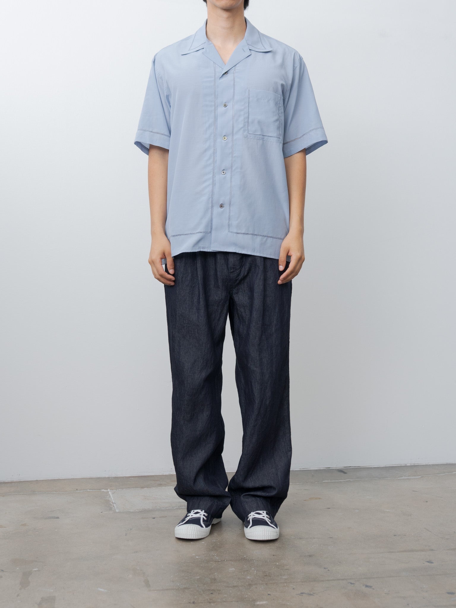 Embroidery Open Collar Shirt - Sax Blue - 2