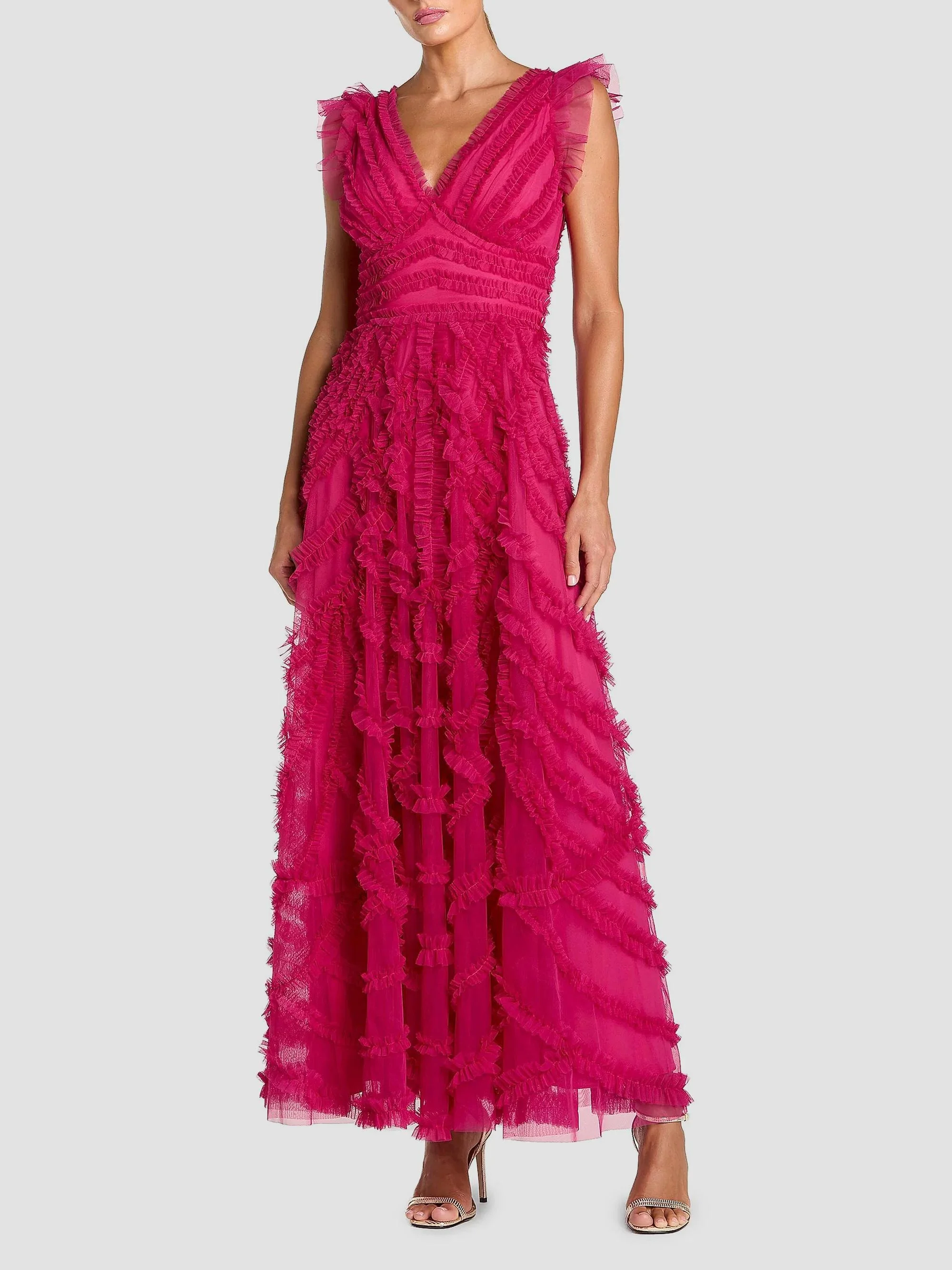 Women's Ruffled Mesh Midi-Dress - Fuchsia - 1