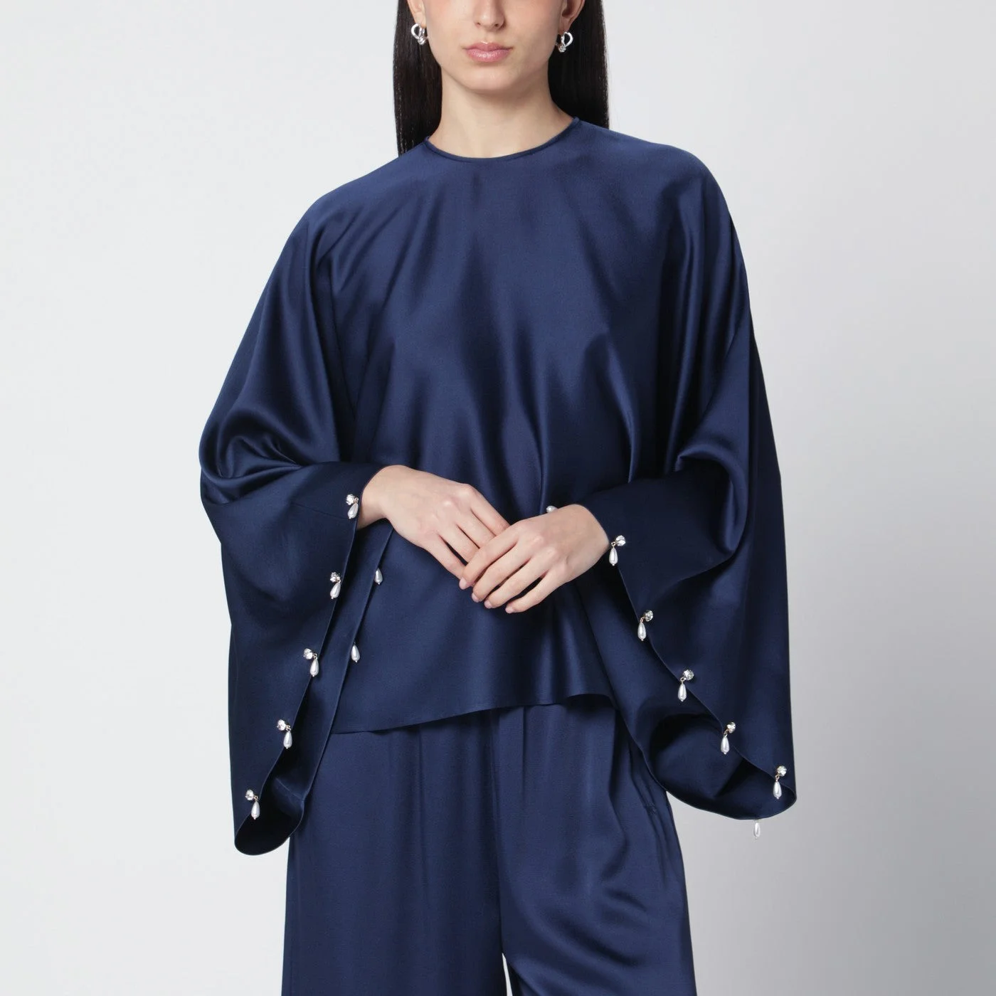 Navy blue oversized viscose satin blouse - 1