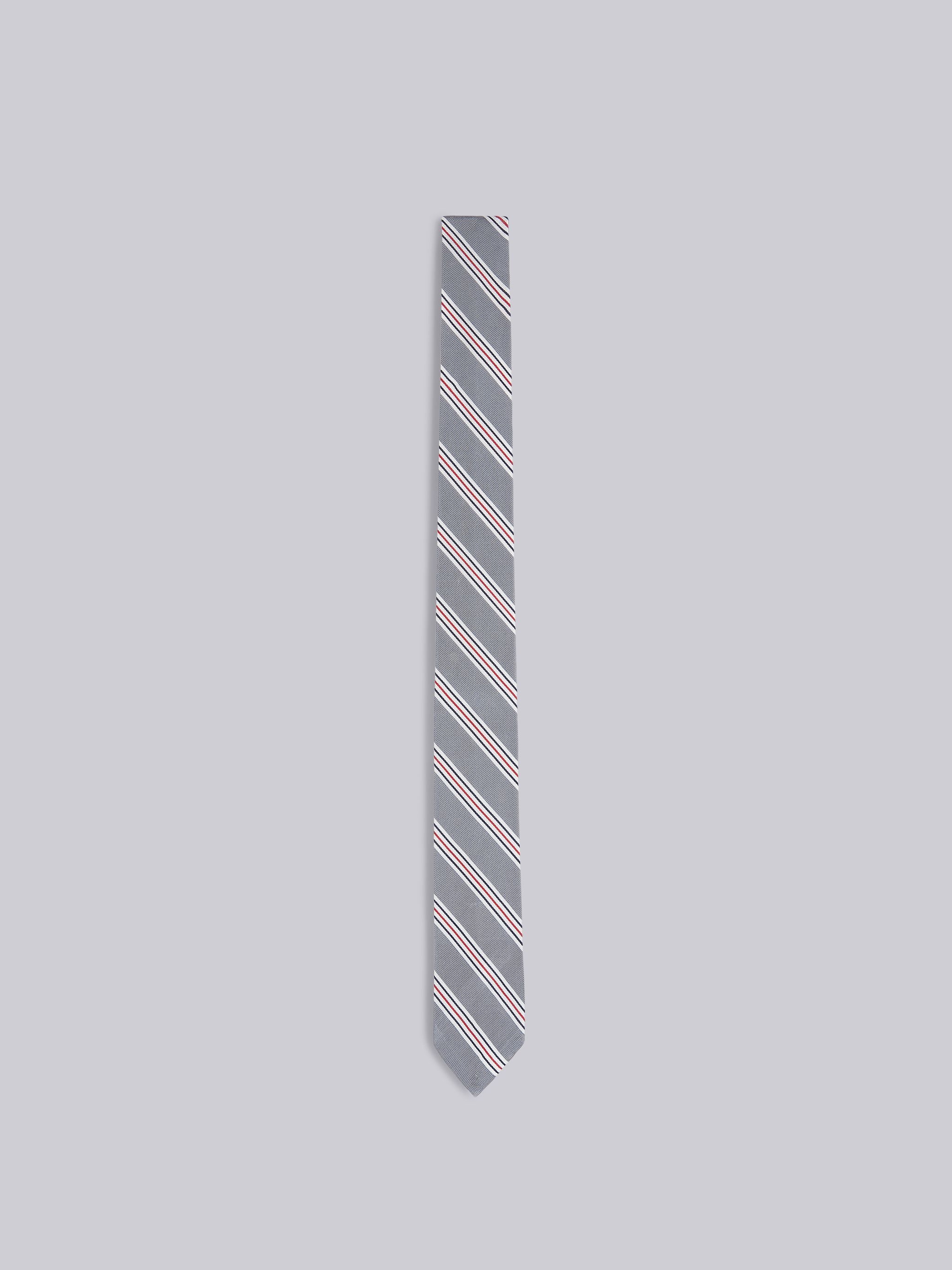 Medium Grey Silk Cotton Jacquard Tricolor Hairline Stripe Tie - 1