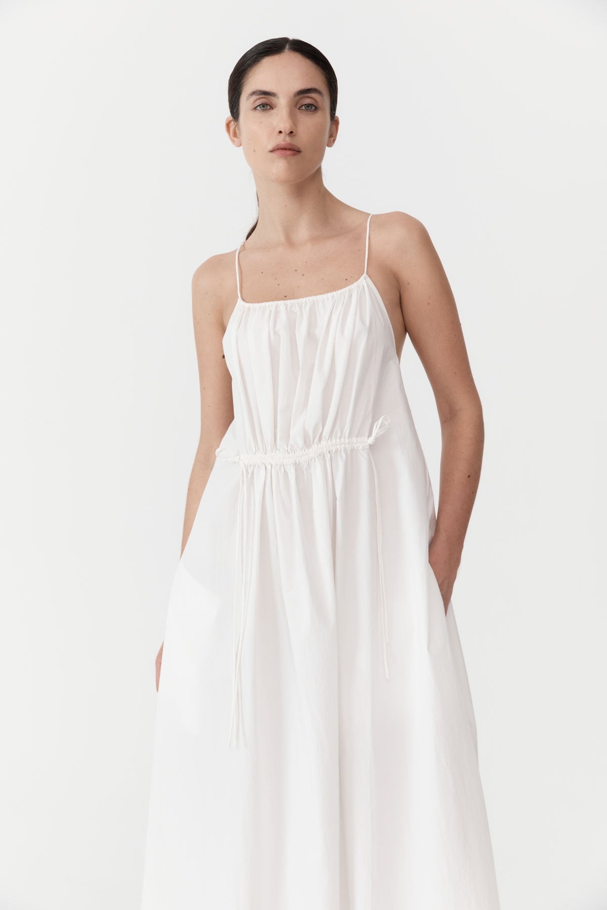 Relaxed Drawstring Dress - White - 3