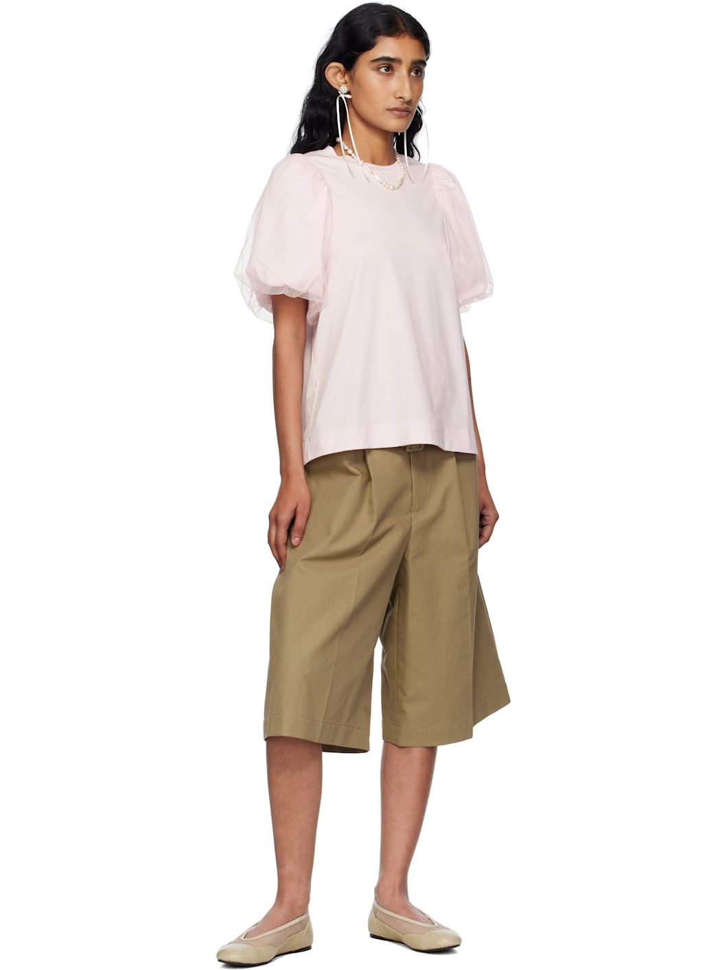 Pink Tulle Overlay Puff Sleeve T-shirt - 4