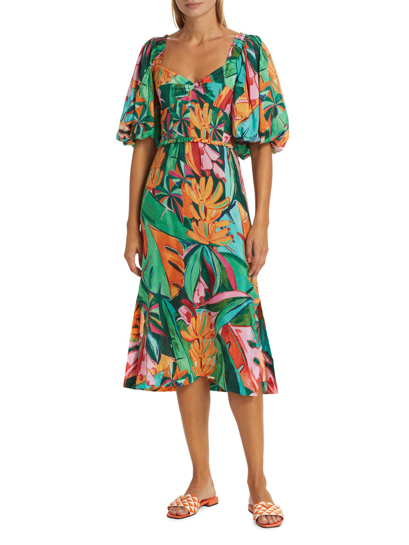 Women's Banana Foliage Puff-Sleeve Cotton Voile Midi-Dress 3