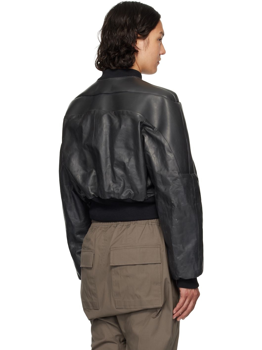Black Hollywood Girdered Leather Bomber Jacket - 3