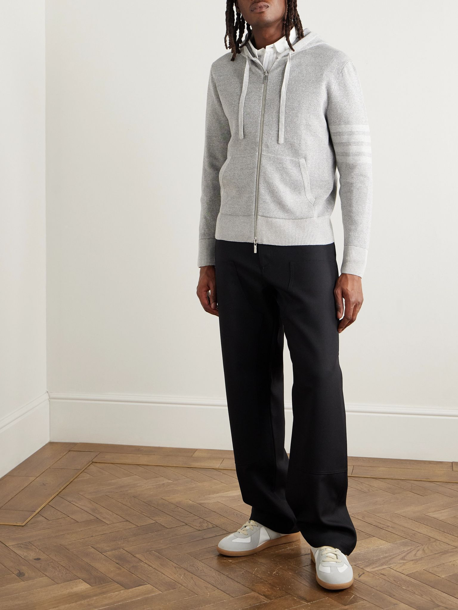 Striped Textured Linen and Cotton-Blend Zip-Up Hoodie Gray - 2