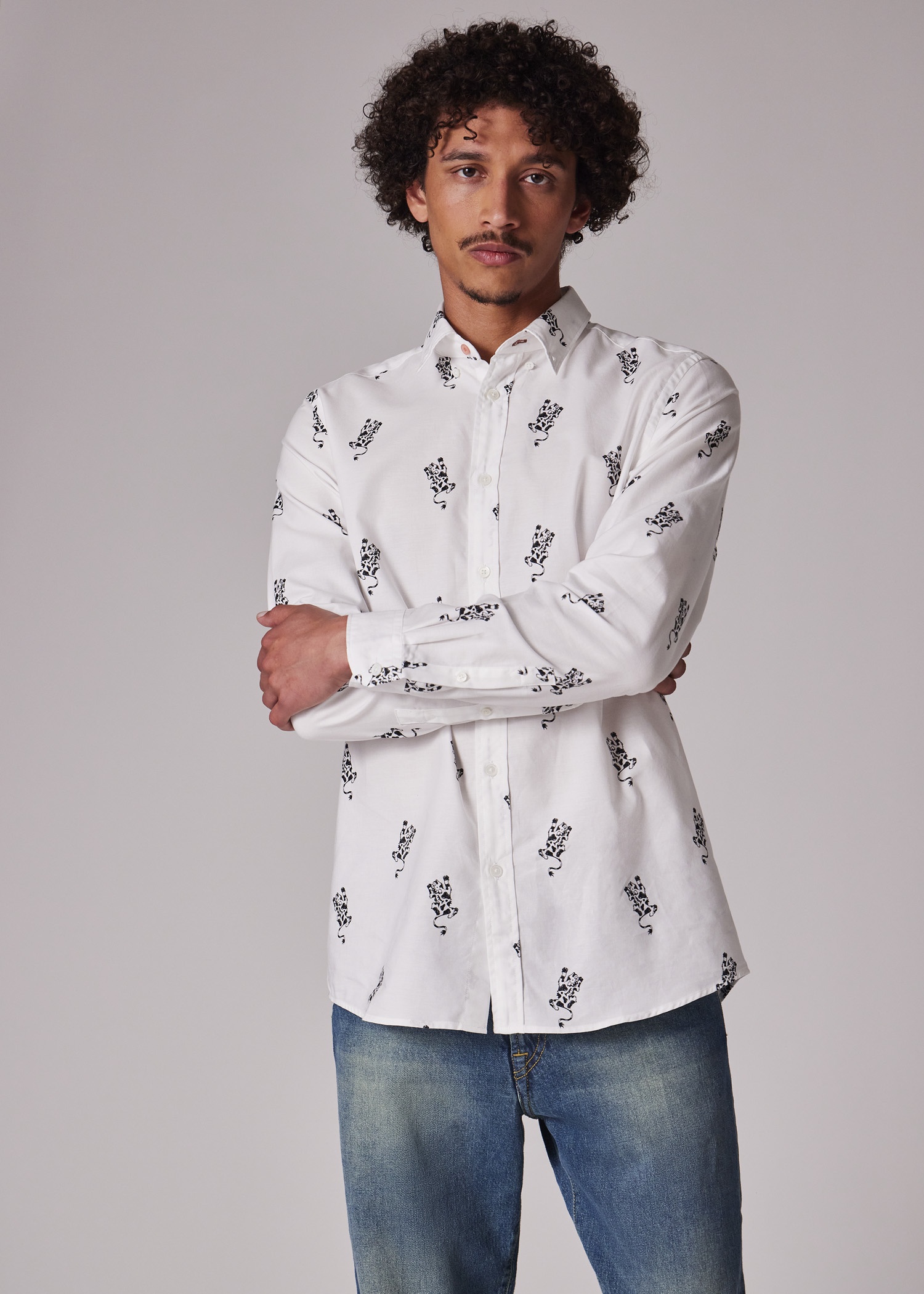 White Regular-Fit Cotton 'Cow' Print Shirt - 5