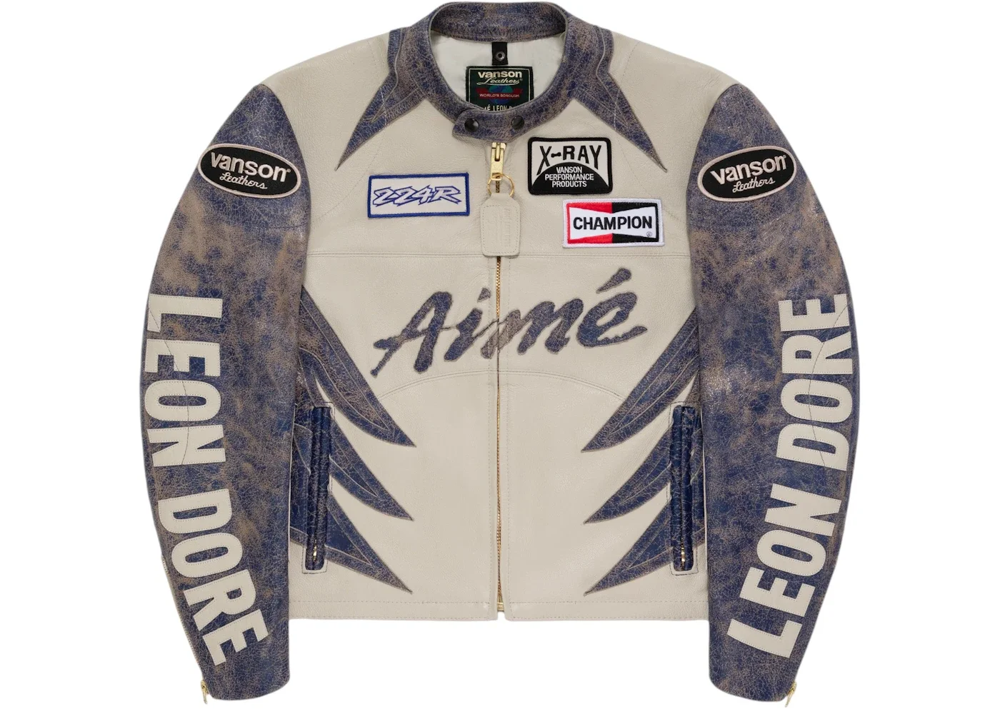 Aime Leon Dore x Vanson Distressed Leather Moto Jacket Blue/Cream - 1