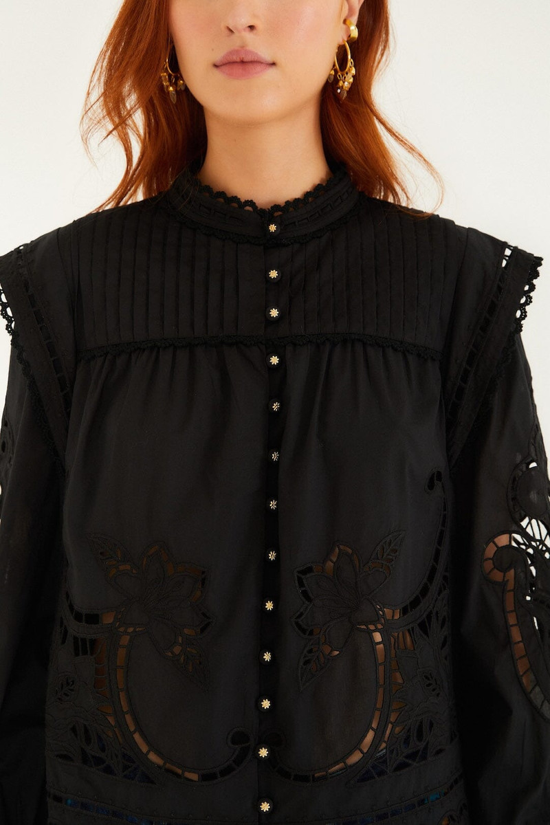 FARM RIO Black Richelieu Puff Sleeve Organic Cotton Blouse outlook