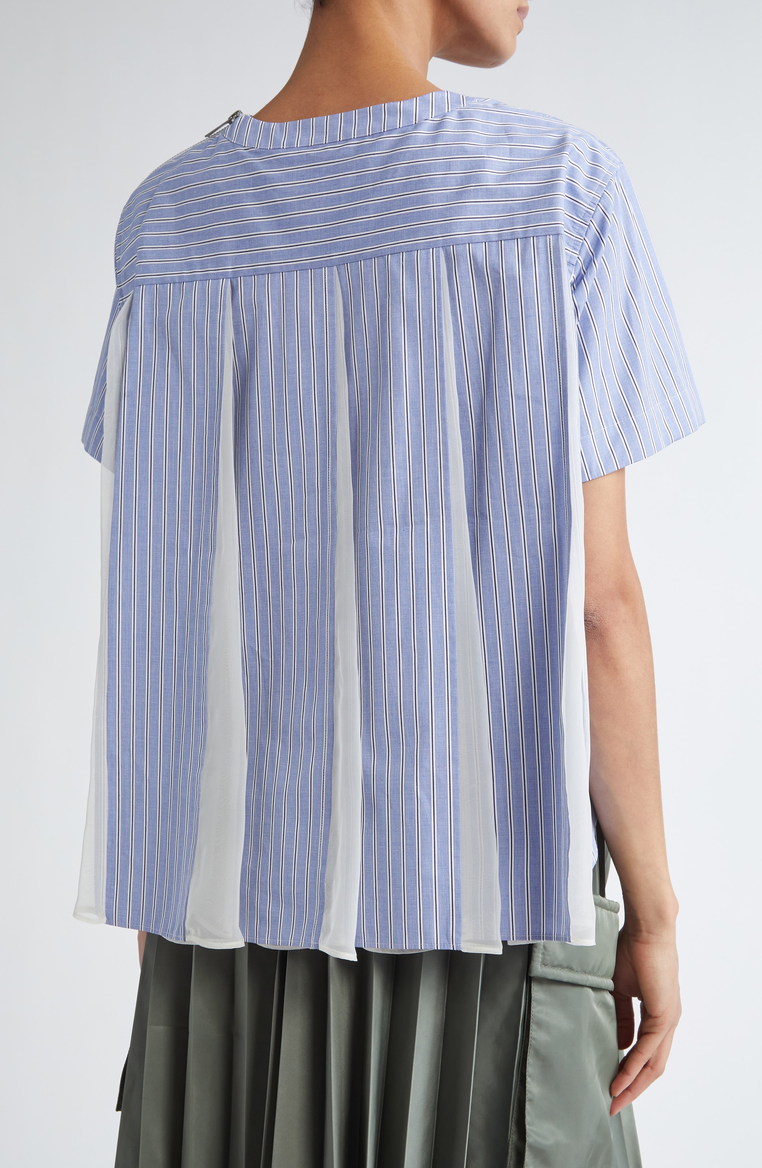 Sacai Mixed Media Poplin & Chiffon Top in Blue Stripe 458 at Nordstrom - 3