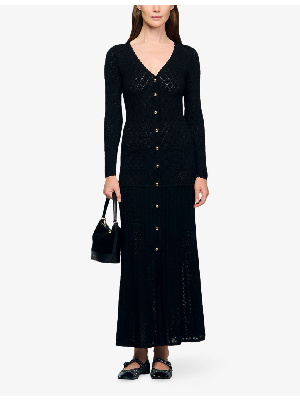 Long-Sleeve Flared Open-Knit Maxi Dress - 2
