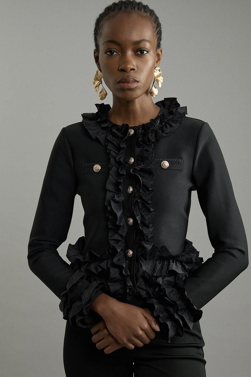 Figure Form Bandage Knit Jacket With Woven Ruffle Trim 1