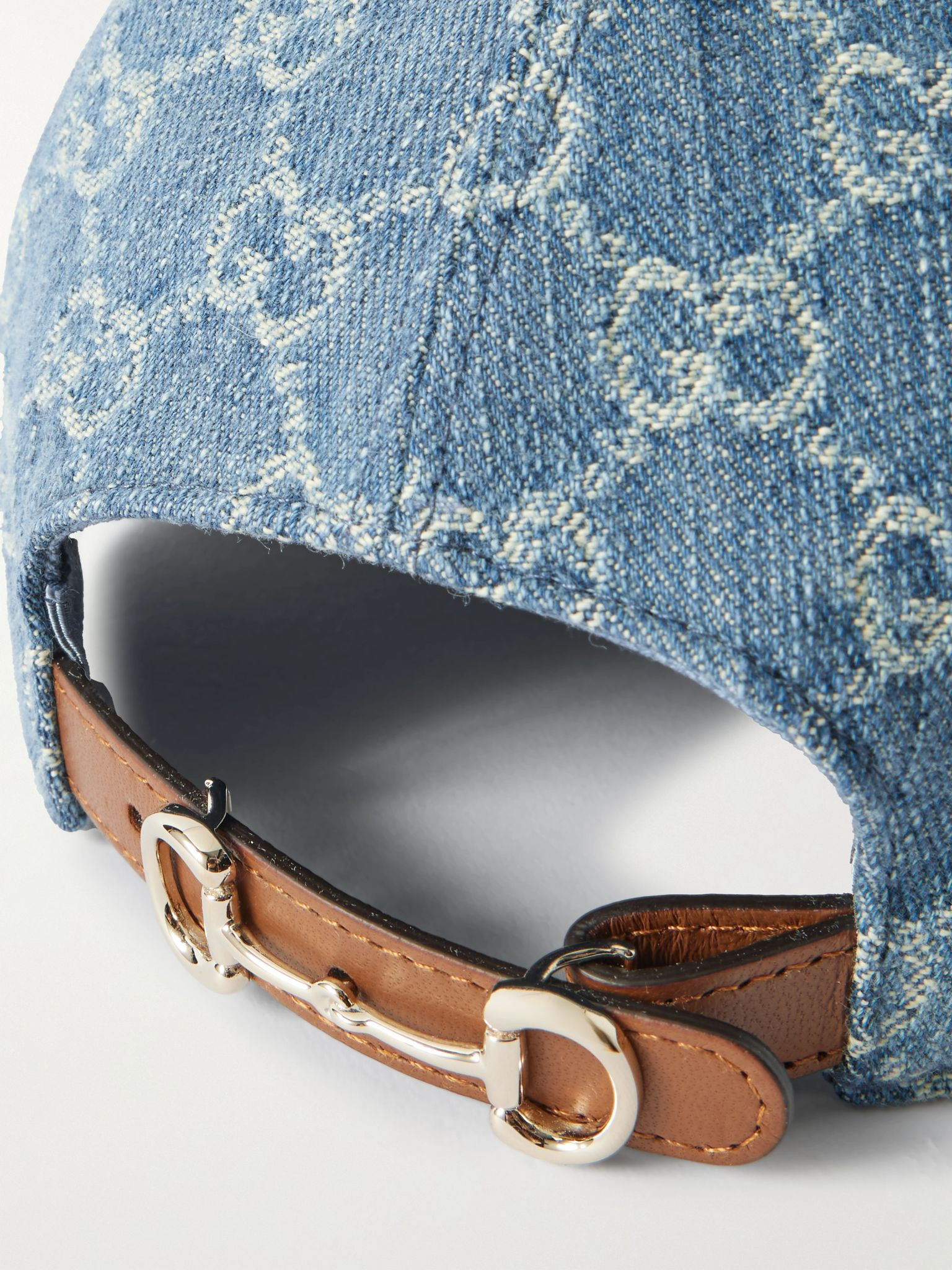 Horsebit-detailed leather-trimmed denim baseball cap Blue - 4
