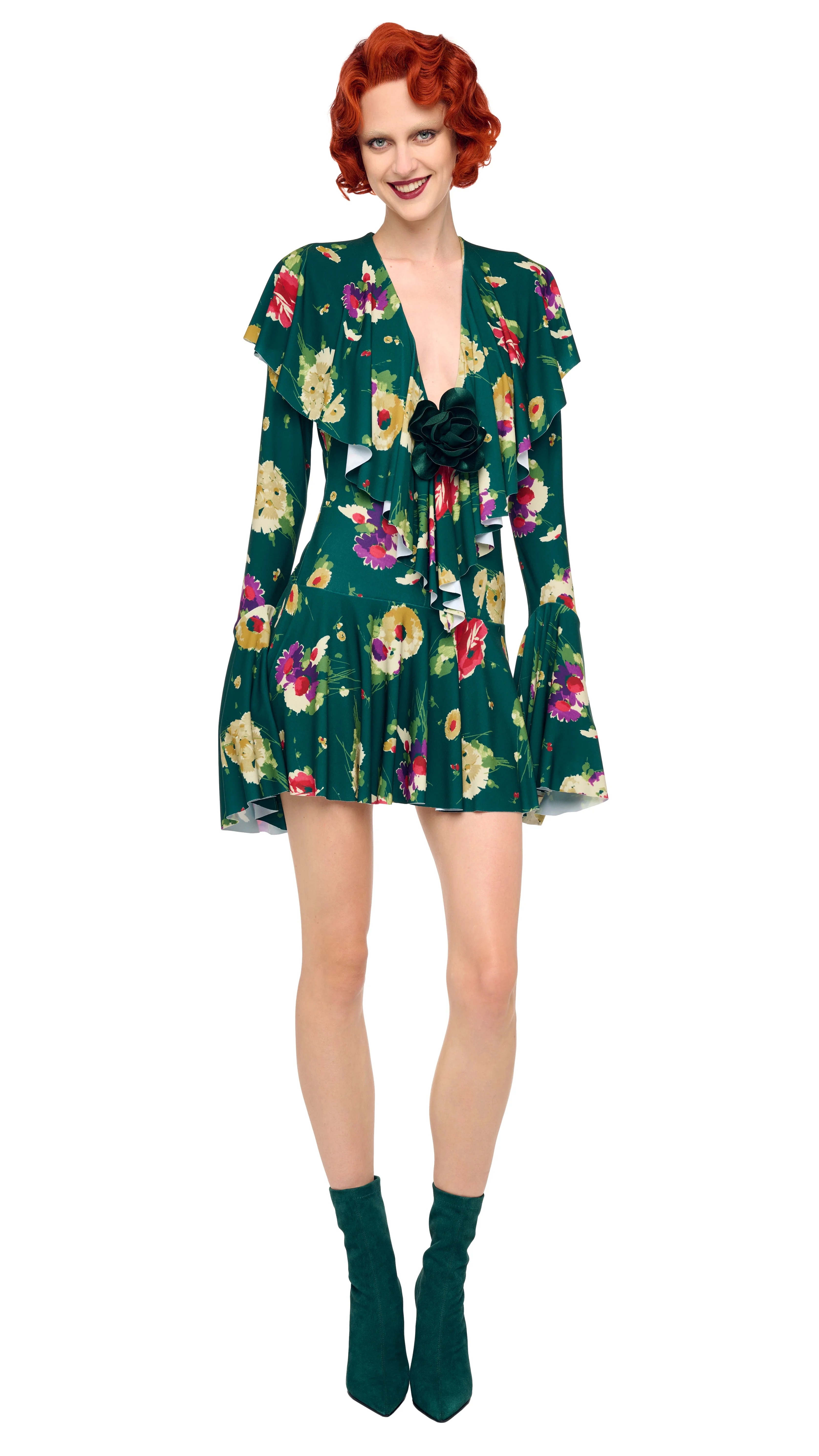 LONG SLEEVE DEEP V RUFFLE MINI DRESS - 1