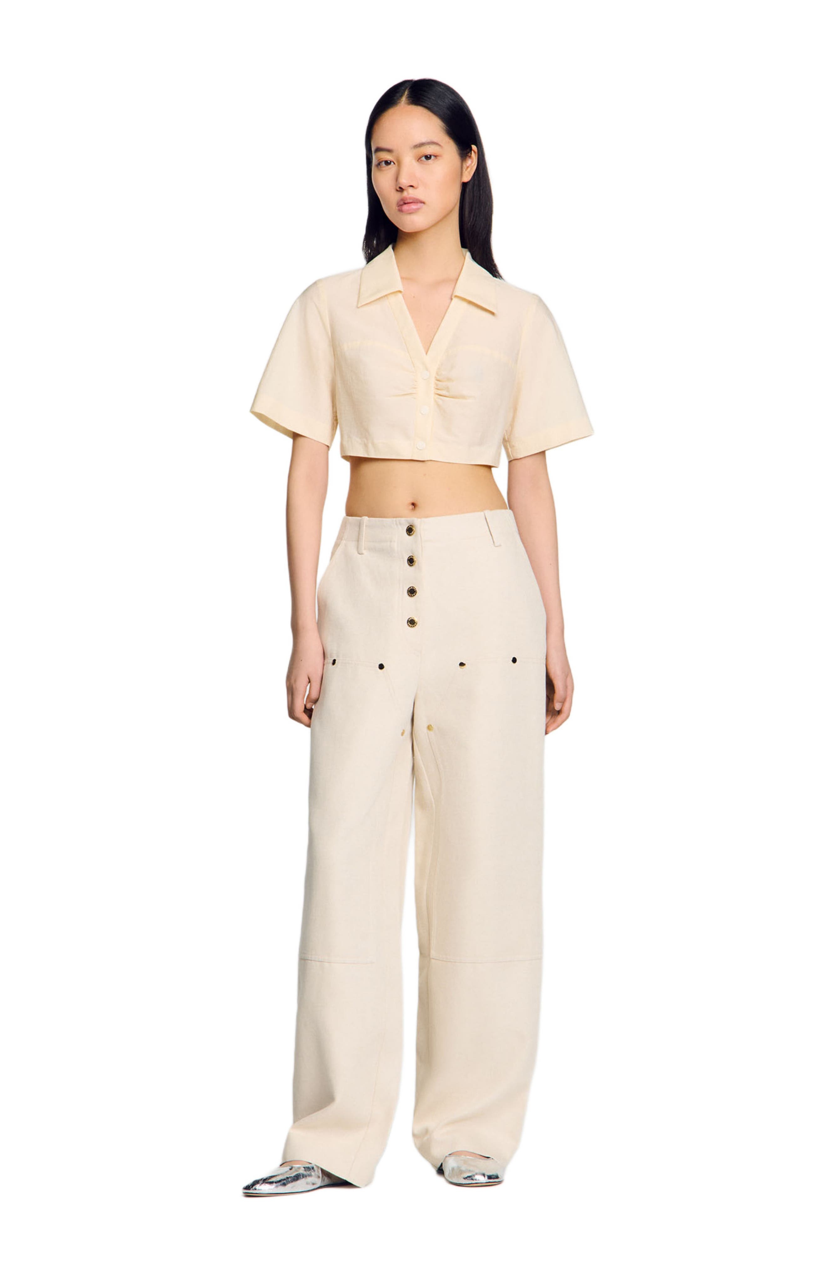SANDRO Cropped gathered shirt in Ecru at Nordstrom - 1
