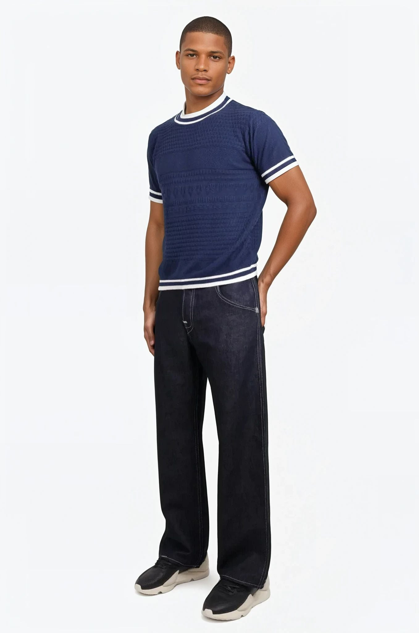 JACQUARD STRIPE RIP CREWNECK HALF KNIT | NAVY - 2