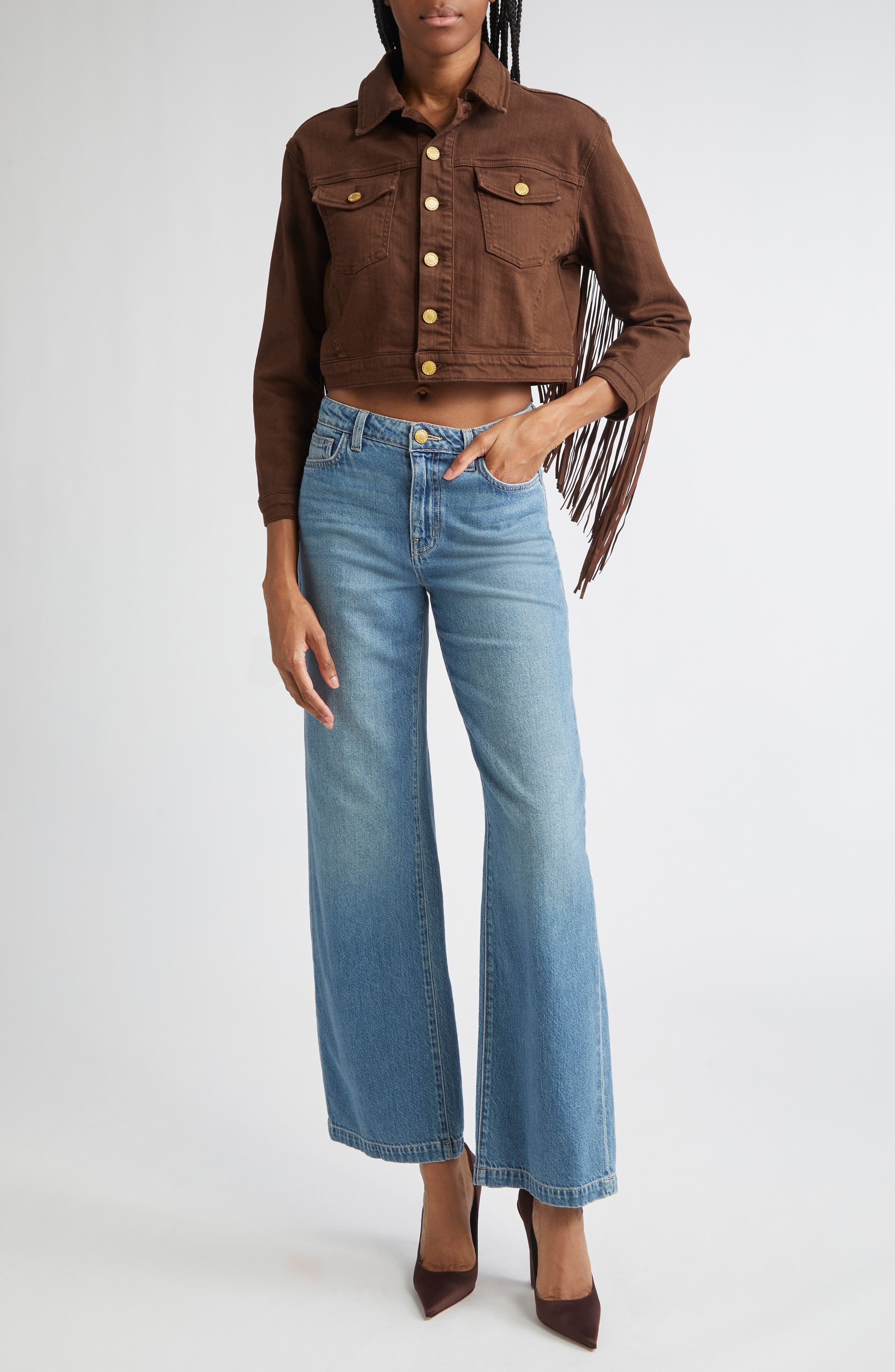 L'AGENCE Koda Fringe Crop Denim Jacket in Brown at Nordstrom - 2