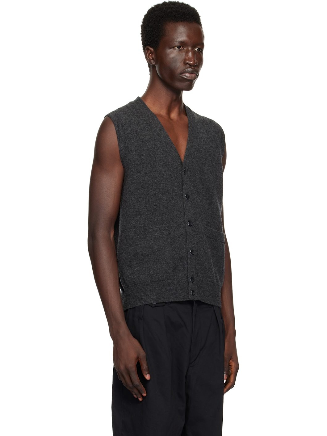 Gray Button Knit Solid Vest - 2