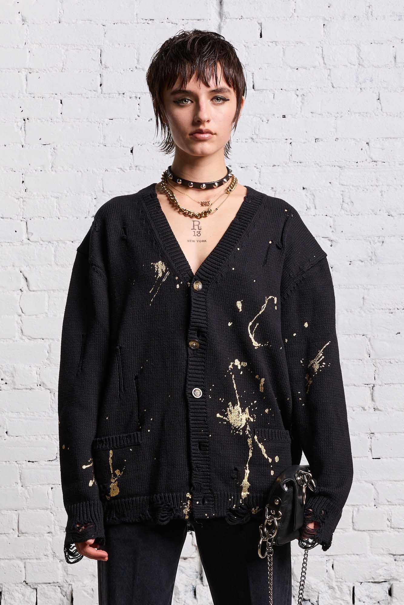 R13 BOYFRIEND CARDIGAN - GOLD SPLATTERED BLACK | REVERSIBLE