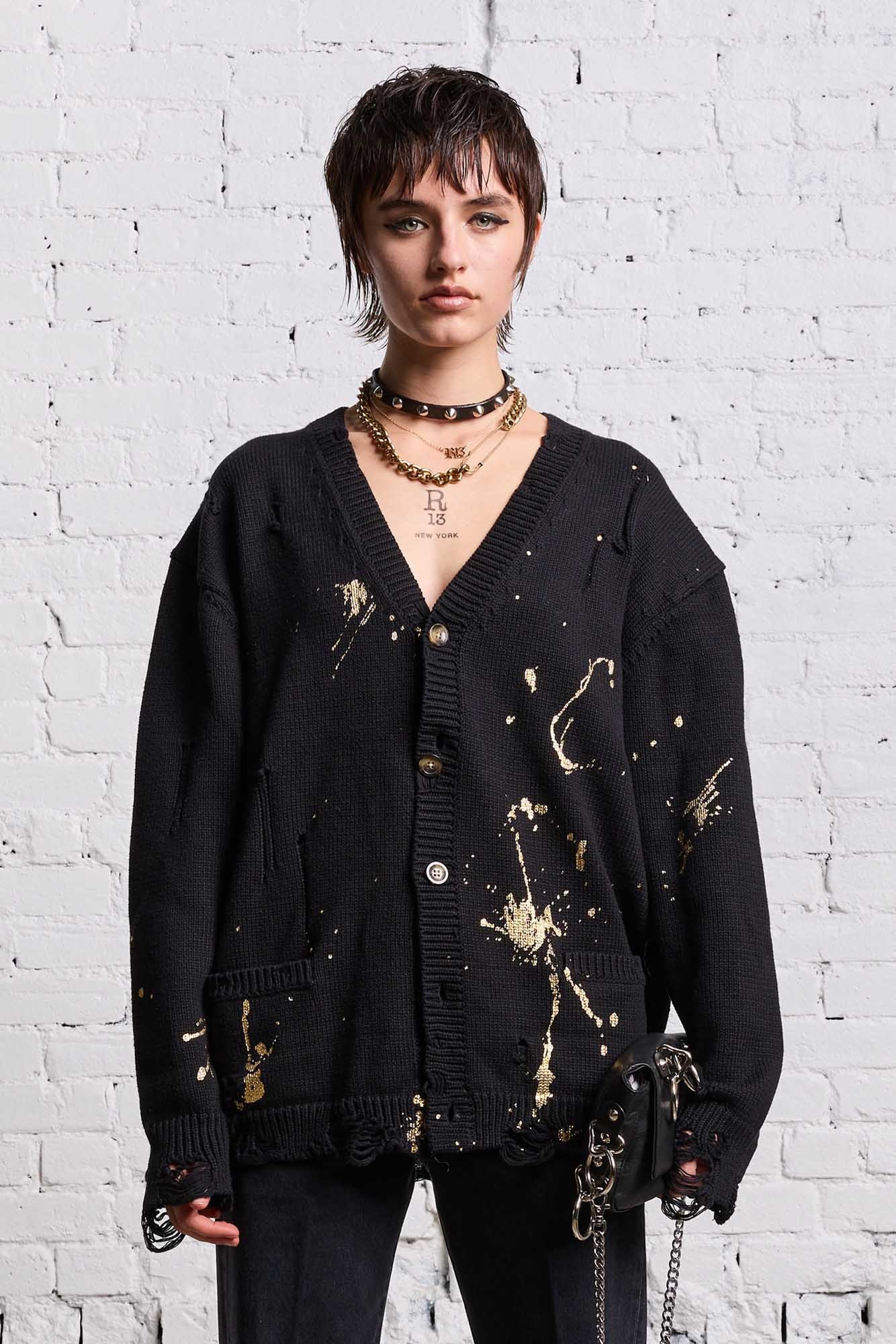 BOYFRIEND CARDIGAN - GOLD SPLATTERED BLACK - 4