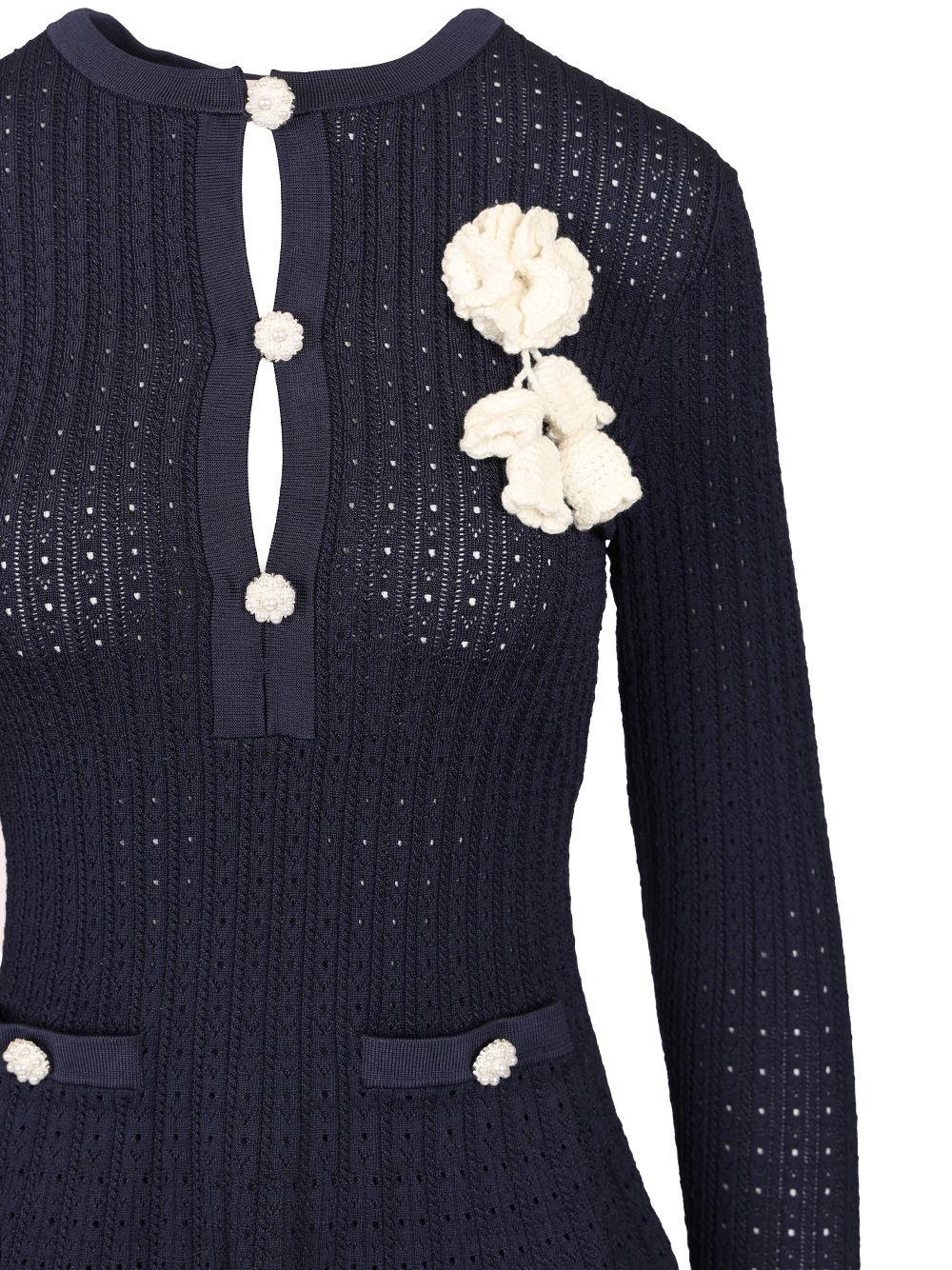 Navy Pointelle Knit Crochet Flower Mini Dress Dresses Blue - 4