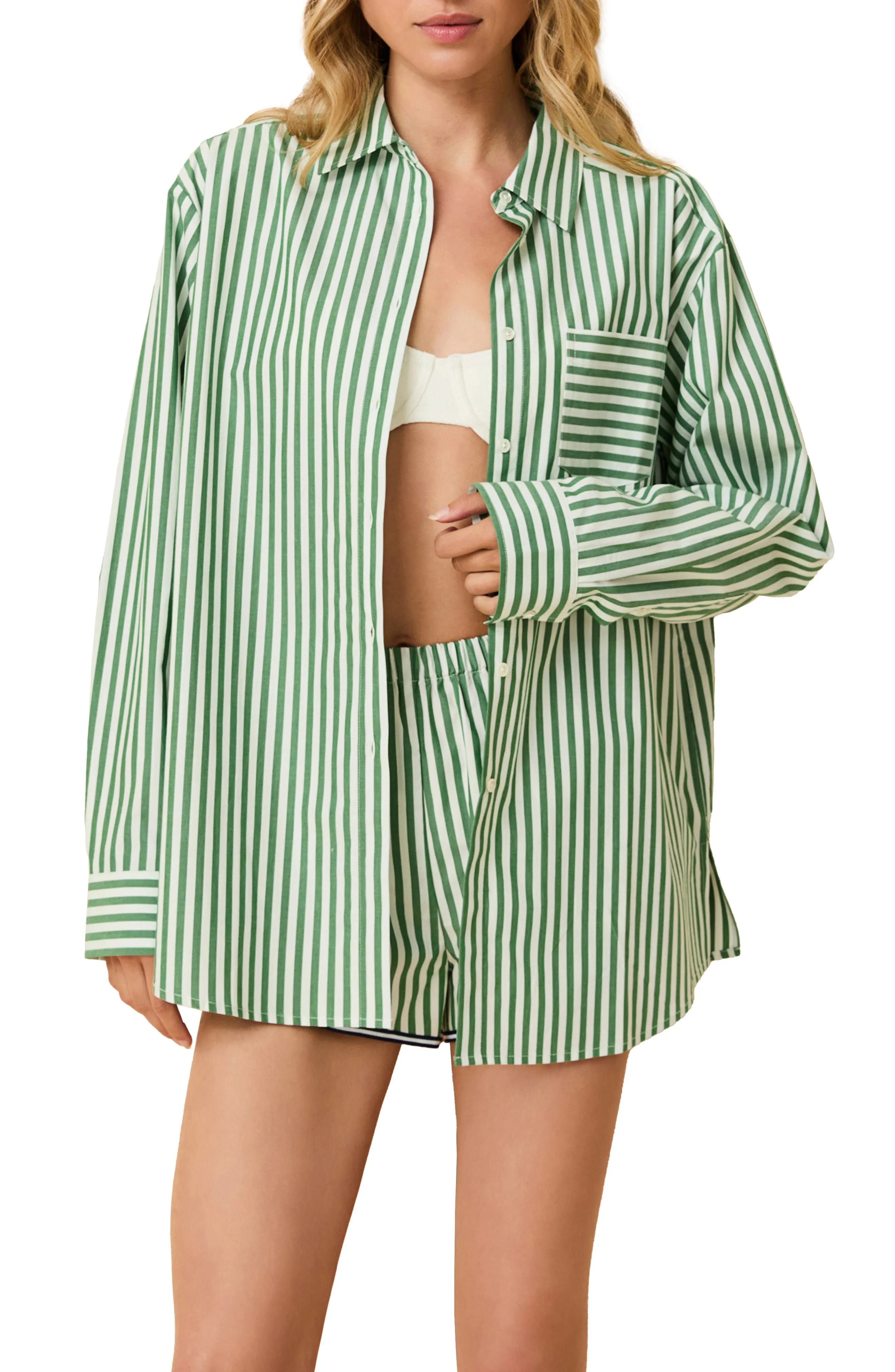 Solid & Striped The Avril Stripe Cotton Button-Up Shirt in Tennis Green at Nordstrom - 1