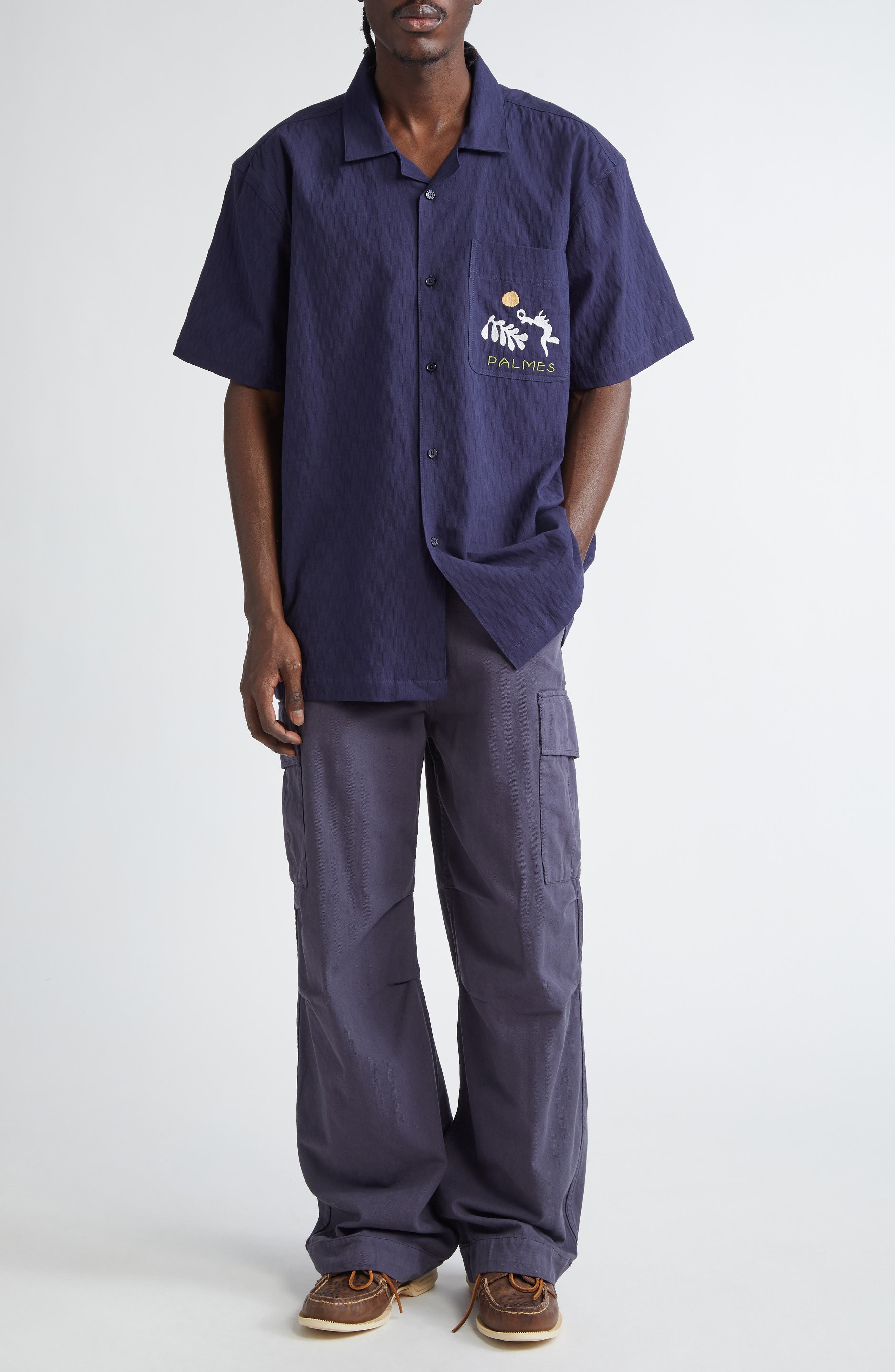 PALMES Garden Embroidered Cotton Camp Shirt in Dark Blue at Nordstrom - 2