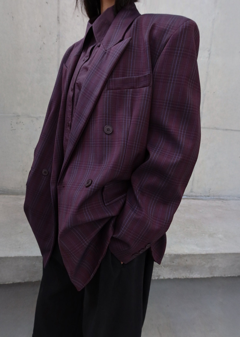 Dinant Padded Double-Breasted Blazer - Burgundy Plaid 4