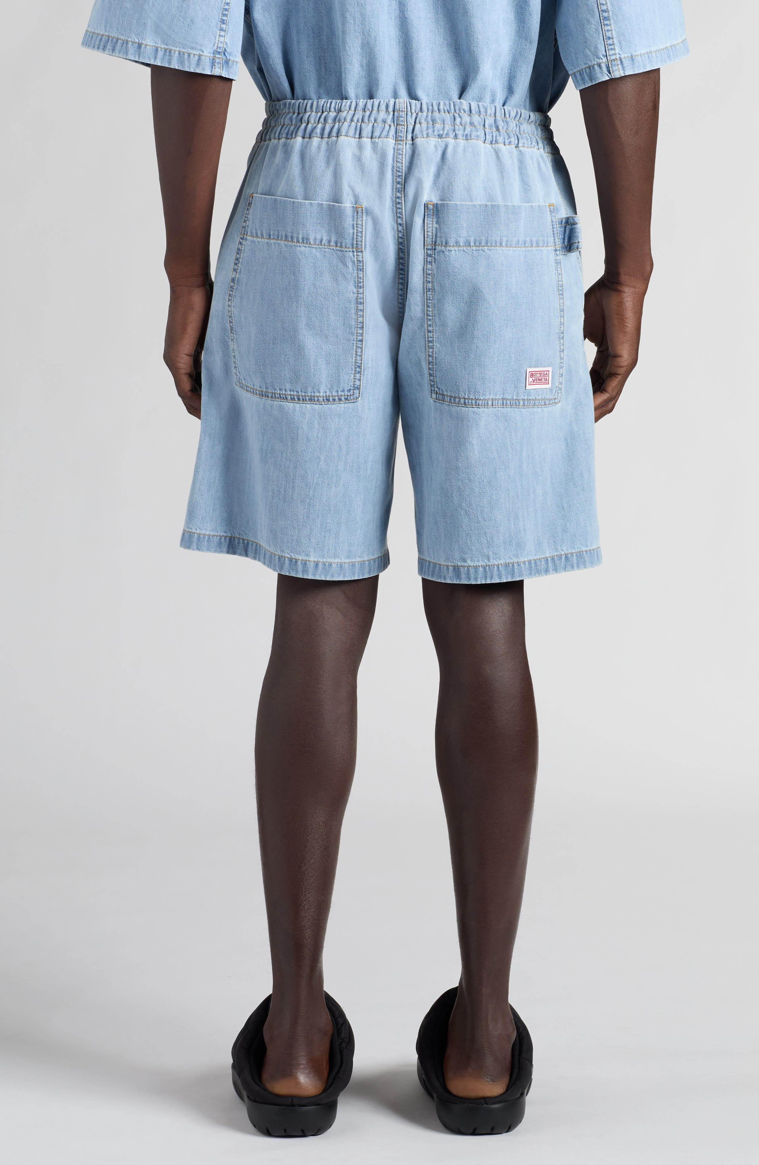 Bleached Denim Drawstring Waist Shorts - 3