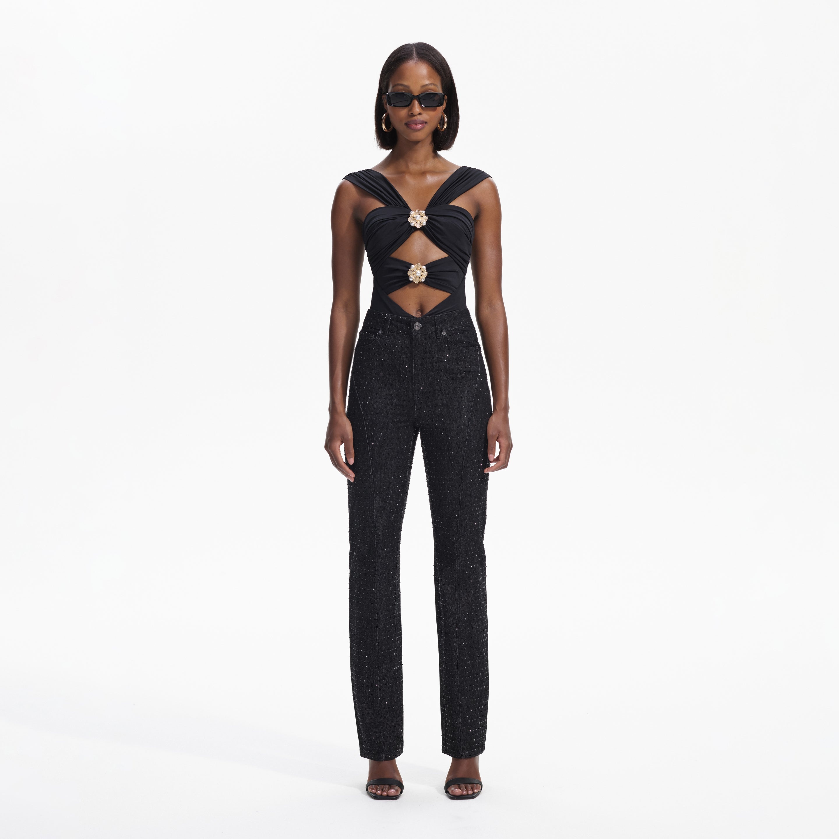Black Rhinestone Denim Jeans - 1