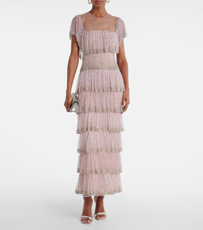 COSTARELLOS Crystal-embellished tiered gown outlook