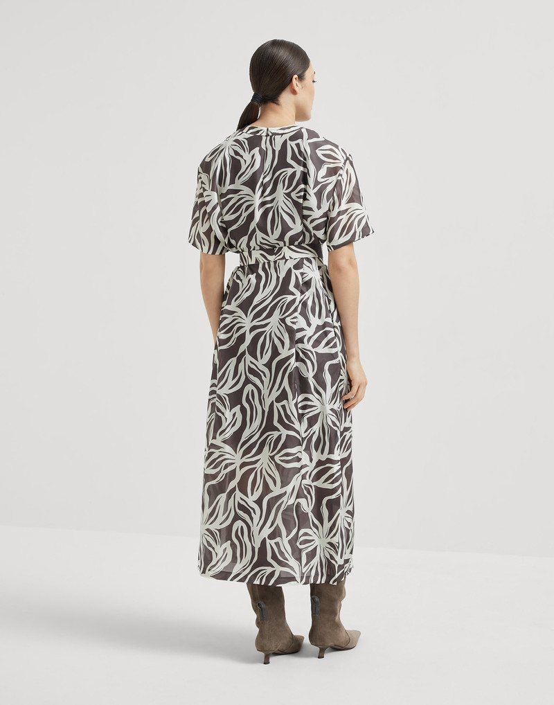 Brunello Cucinelli Silk floral print pongée midi T-shirt dress with monili outlook