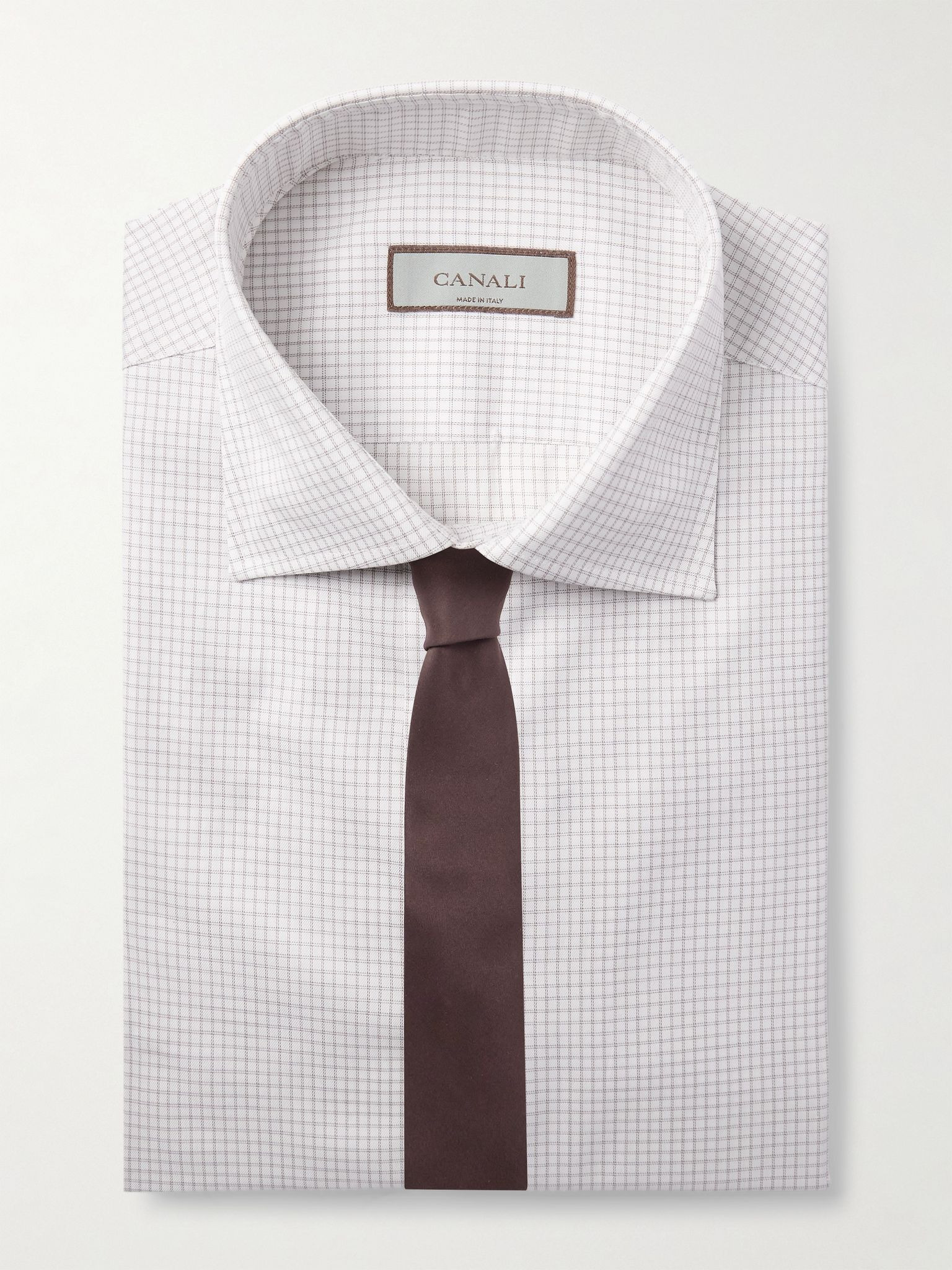 Cutaway-Collar Checked Cotton Shirt White - 5