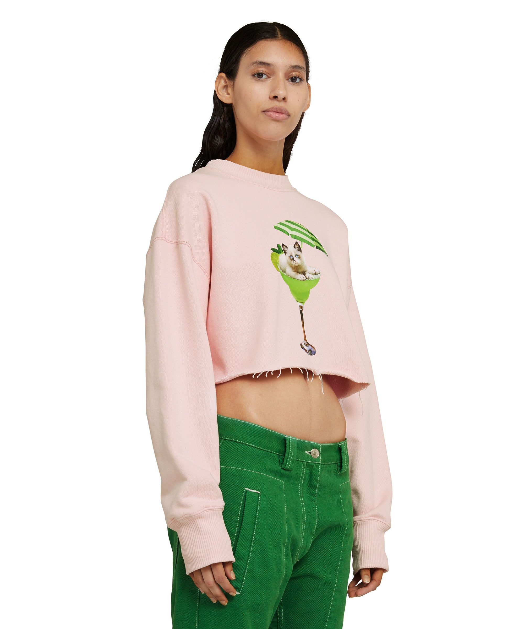 Cotton crop-top crewneck sweatshirt with "cocktail cat" graphic - 4