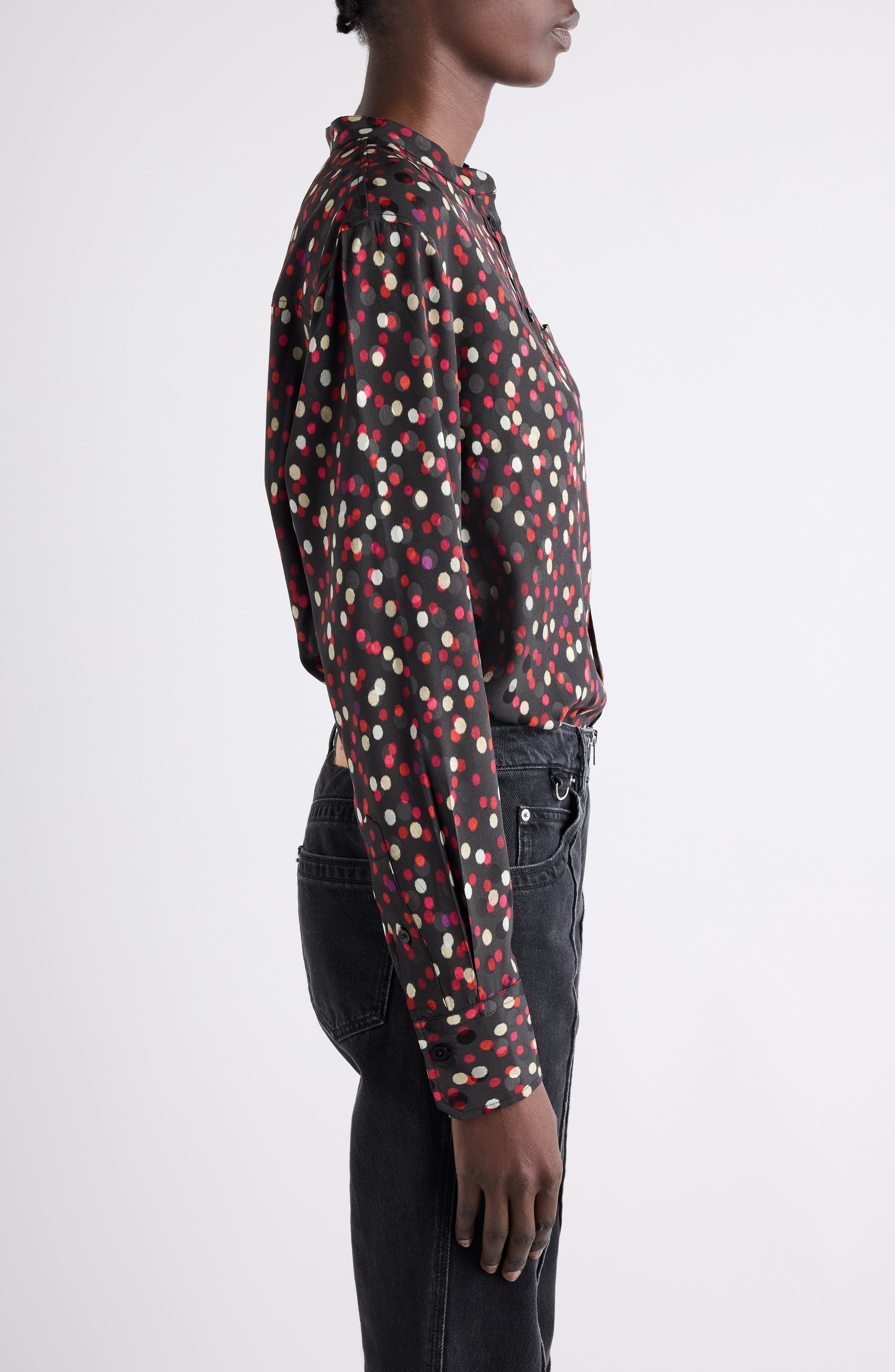 Isabel Marant Rusak Polka Dot Stretch Silk Popover Shirt in Black/Red at Nordstrom - 4